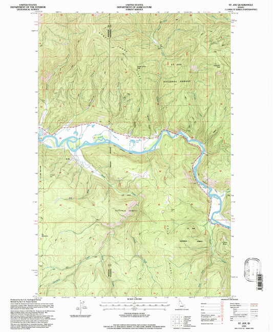 Classic USGS Saint Joe Idaho 7.5'x7.5' Topo Map Image