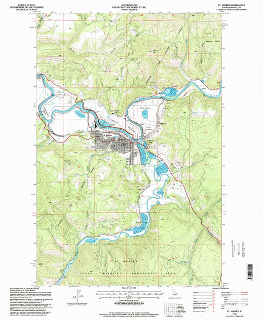 Classic USGS Saint Maries Idaho 7.5'x7.5' Topo Map Image