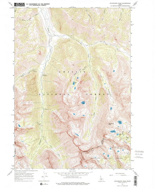 Classic USGS Standhope Peak Idaho 7.5'x7.5' Topo Map Image