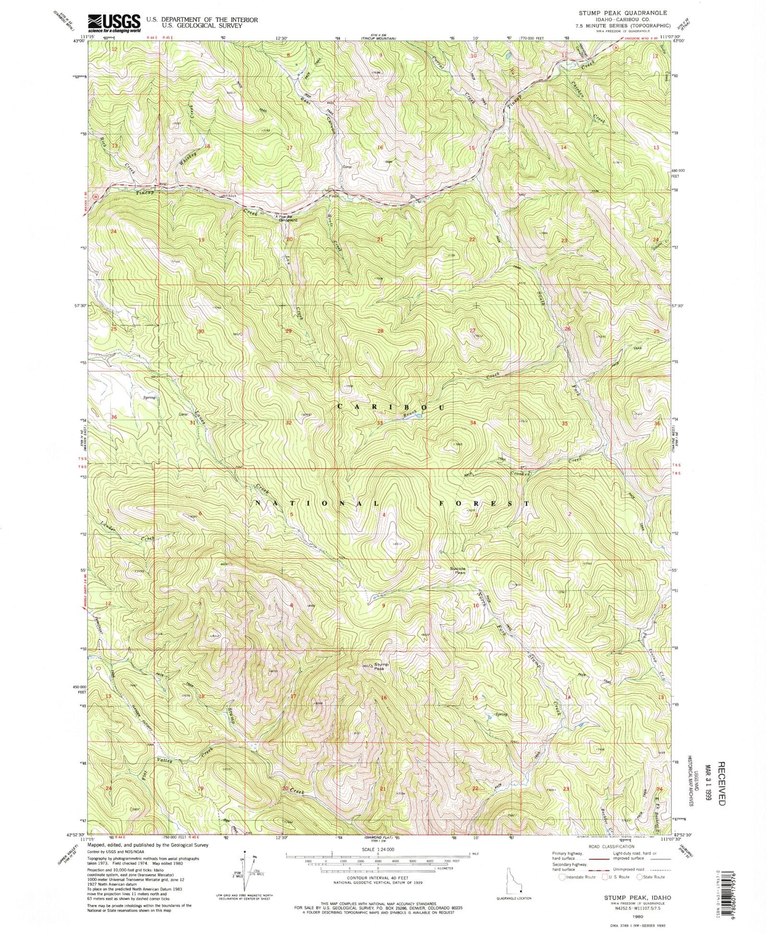 Classic USGS Stump Peak Idaho 7.5'x7.5' Topo Map Image