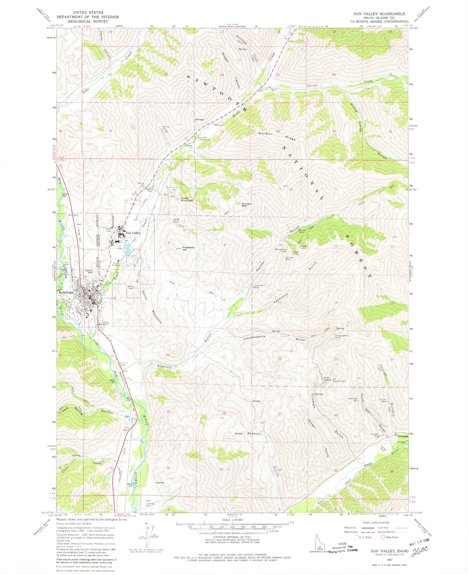 Classic USGS Sun Valley Idaho 7.5'x7.5' Topo Map Image
