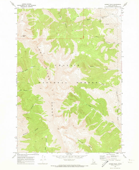 Classic USGS Sunset Peak Idaho 7.5'x7.5' Topo Map Image