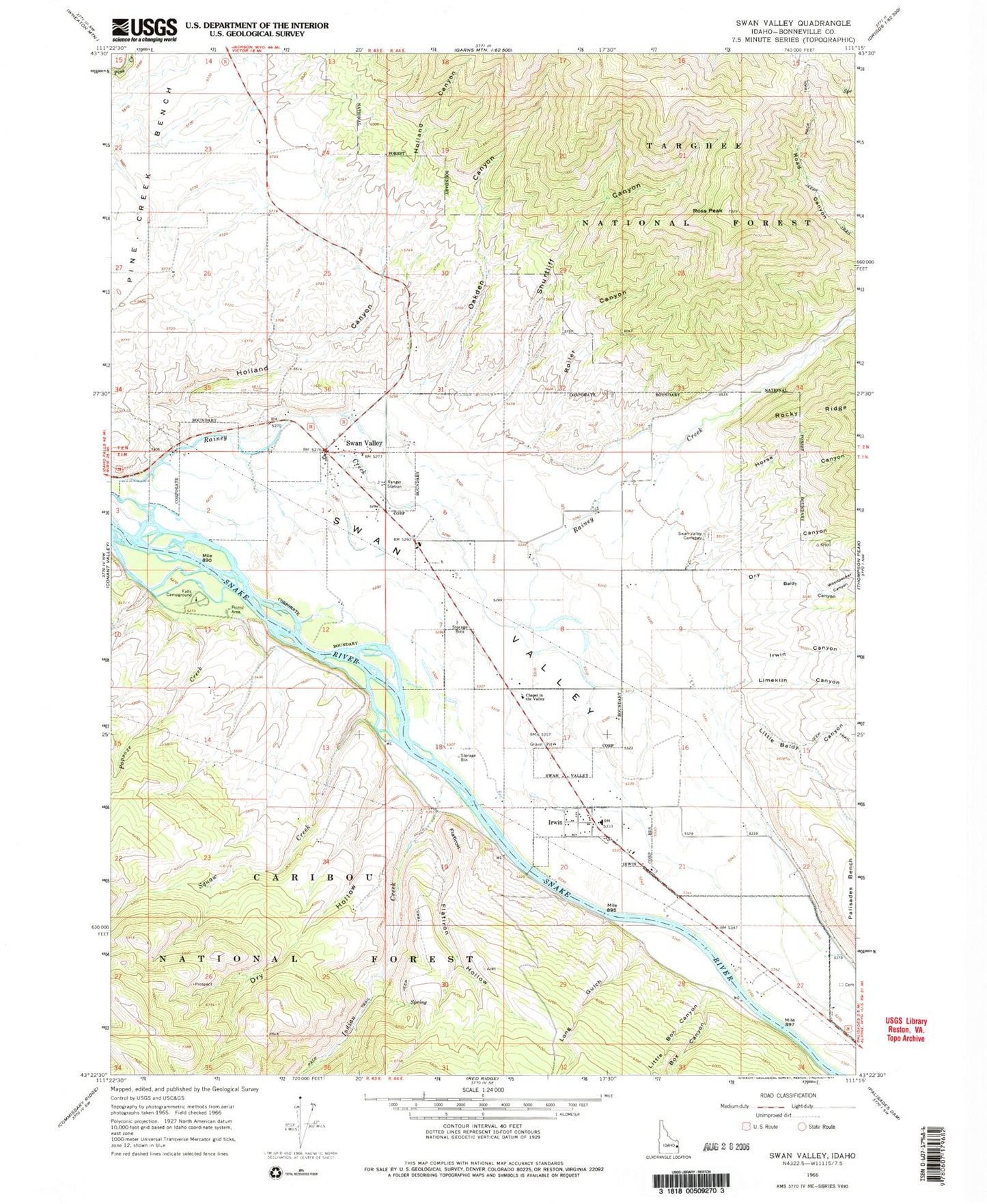 Classic USGS Swan Valley Idaho 7.5'x7.5' Topo Map Image