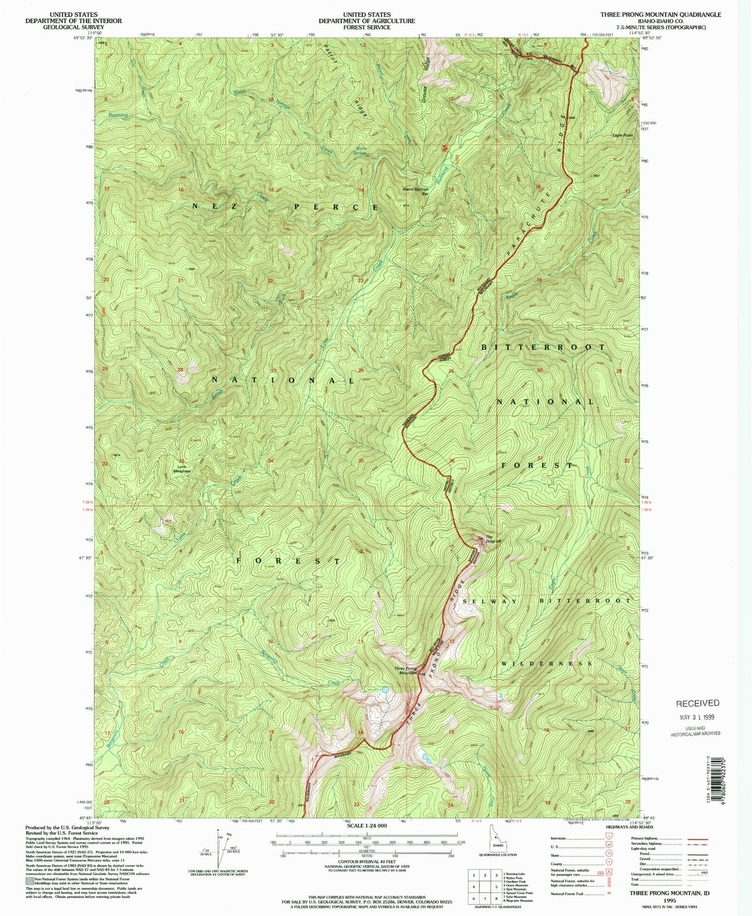 Classic USGS Three Prong Mountain Idaho 7.5'x7.5' Topo Map Image