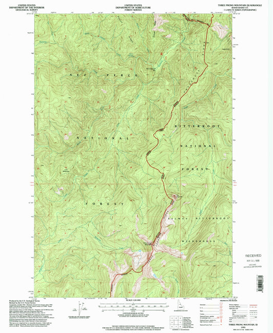 Classic USGS Three Prong Mountain Idaho 7.5'x7.5' Topo Map Image