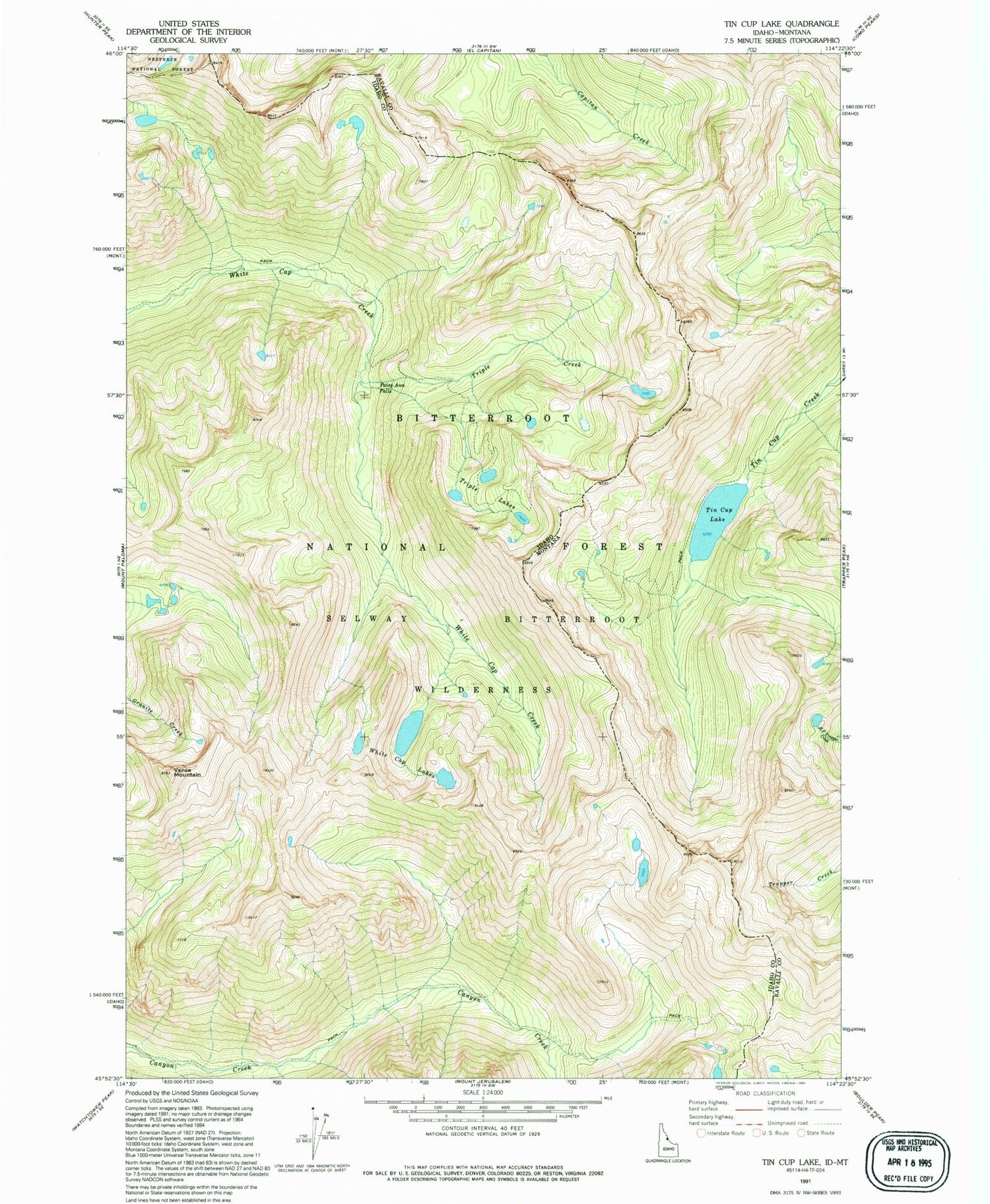 Classic USGS Tin Cup Lake Montana 7.5'x7.5' Topo Map Image