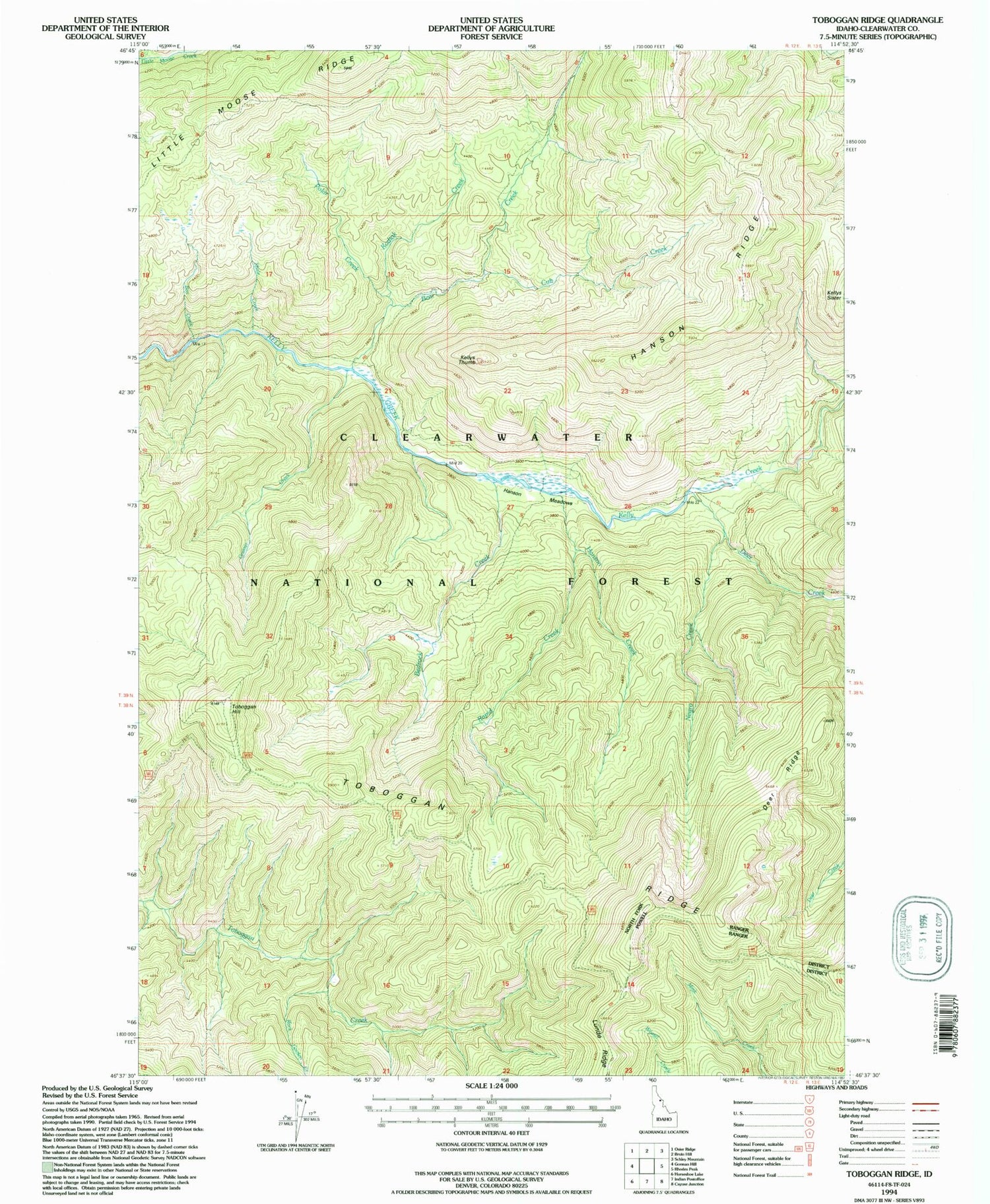 Classic USGS Toboggan Ridge Idaho 7.5'x7.5' Topo Map Image