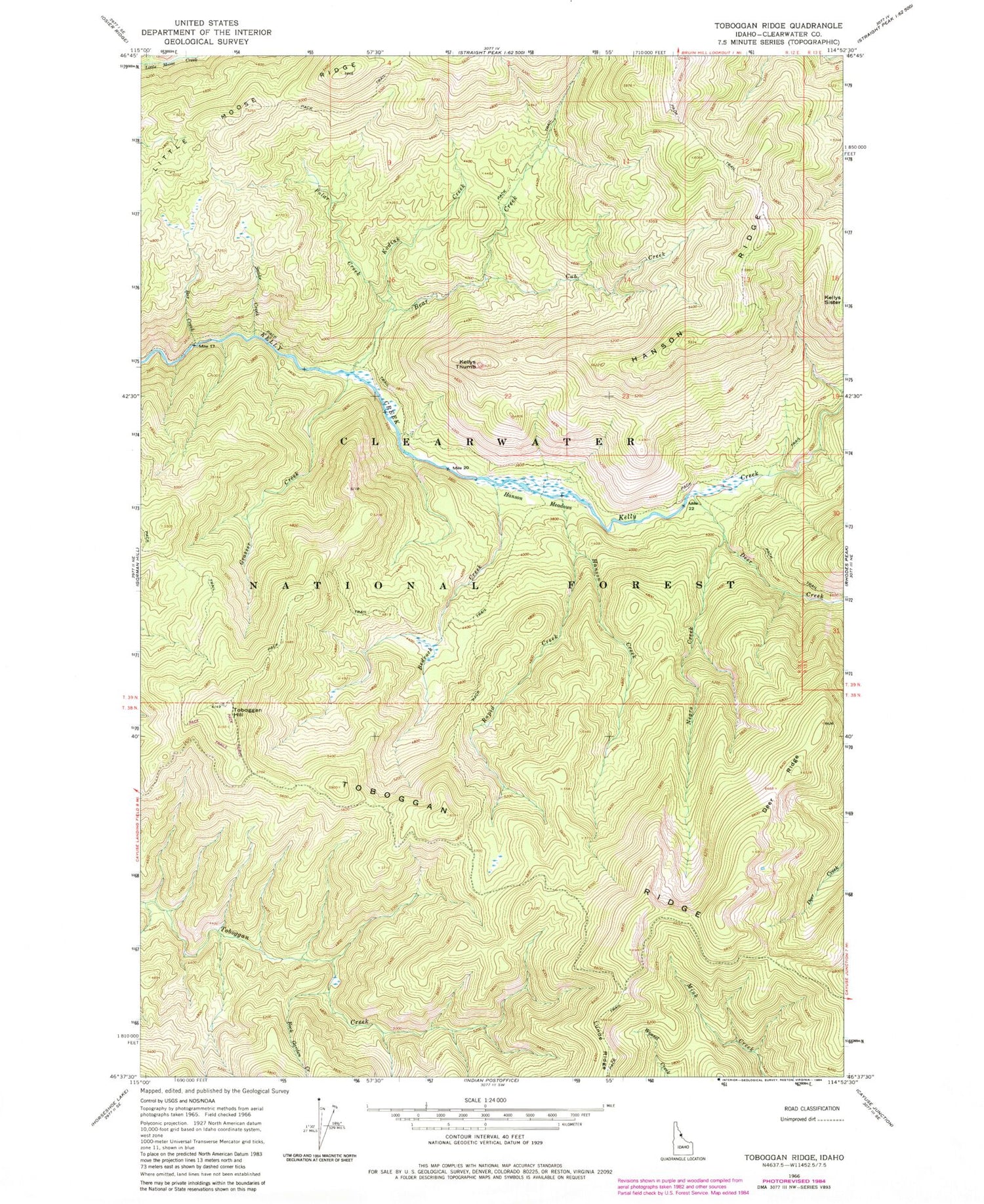 Classic USGS Toboggan Ridge Idaho 7.5'x7.5' Topo Map Image