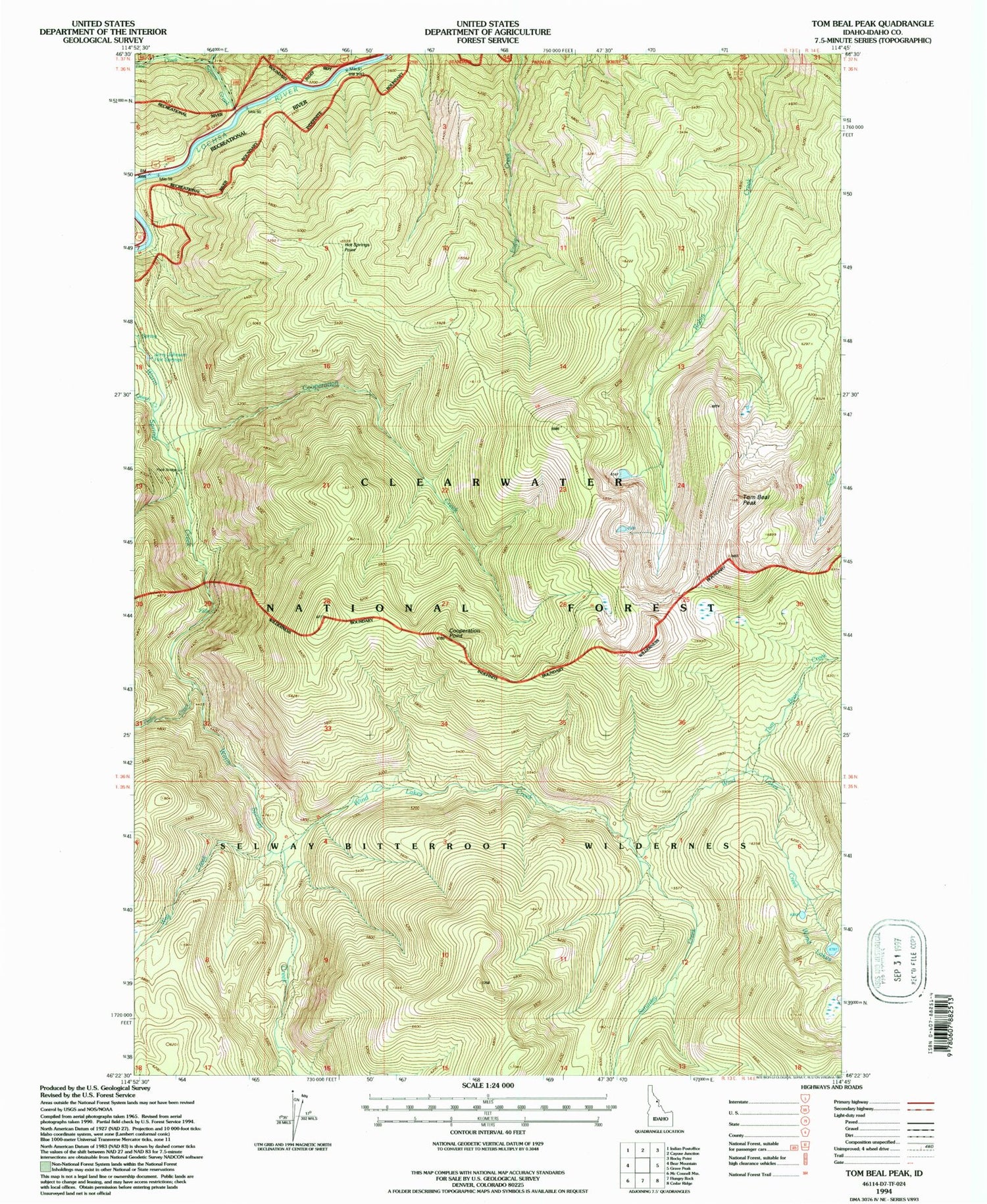 Classic USGS Tom Beal Peak Idaho 7.5'x7.5' Topo Map Image