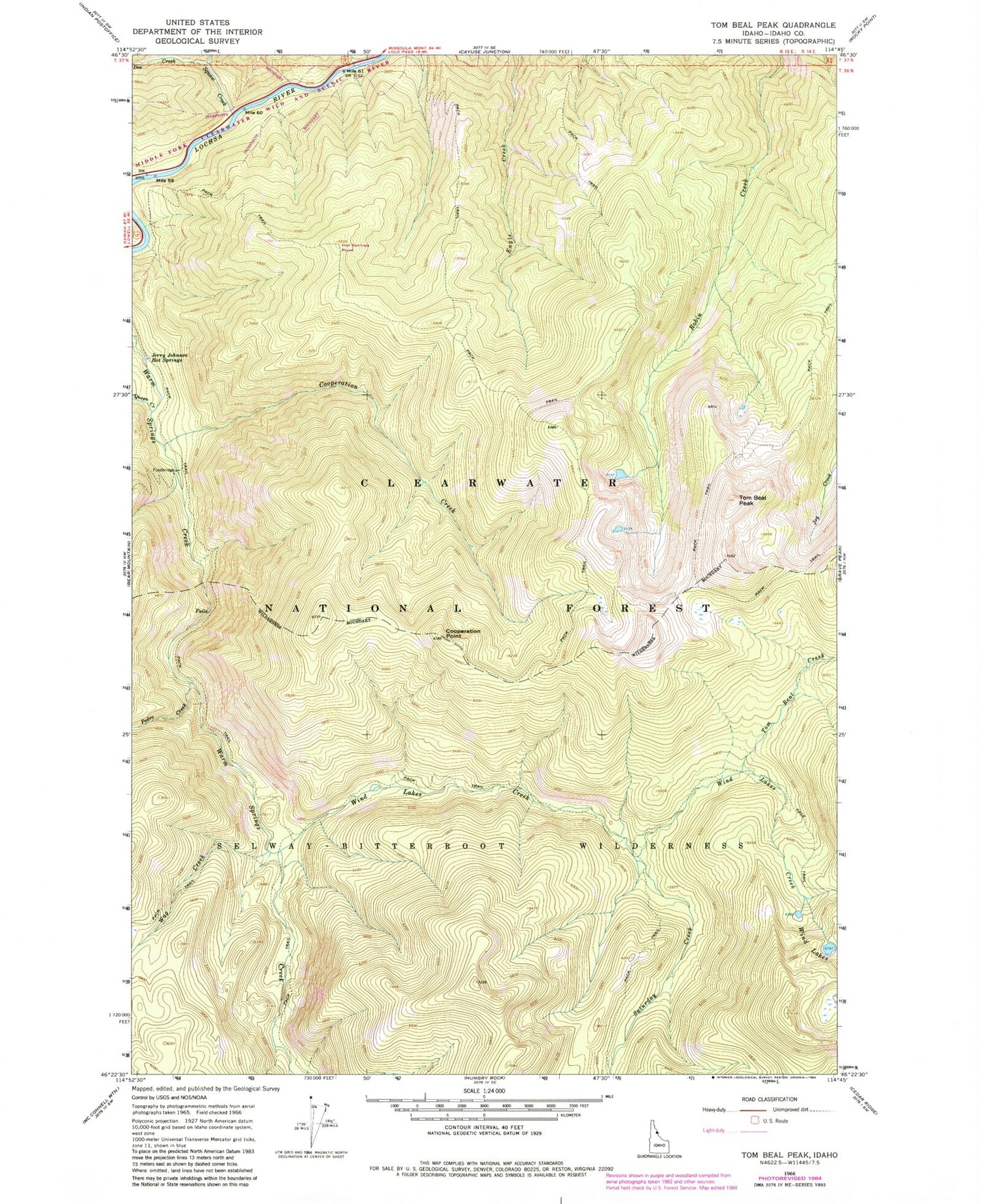 Classic USGS Tom Beal Peak Idaho 7.5'x7.5' Topo Map Image