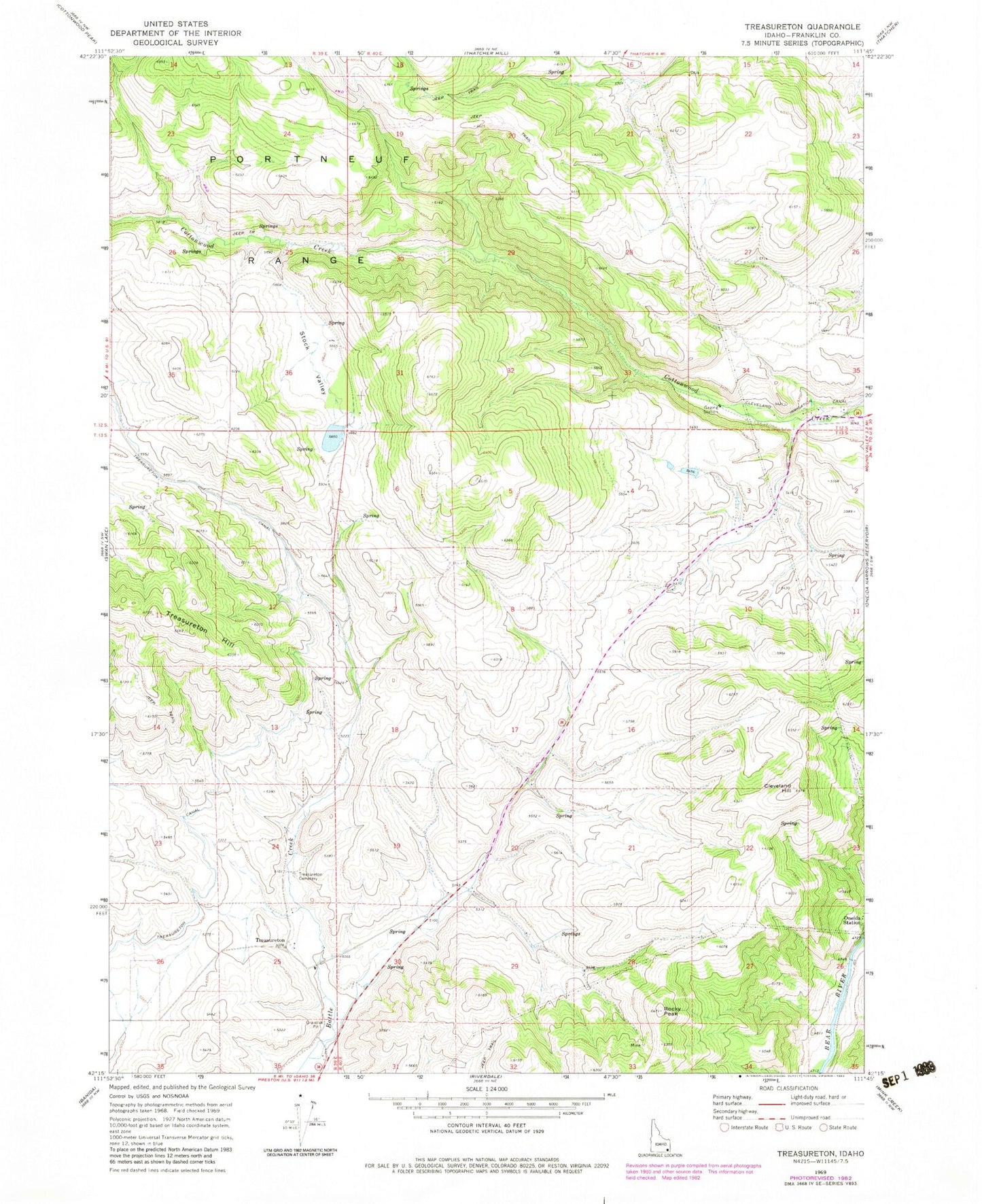 Classic USGS Treasureton Idaho 7.5'x7.5' Topo Map Image