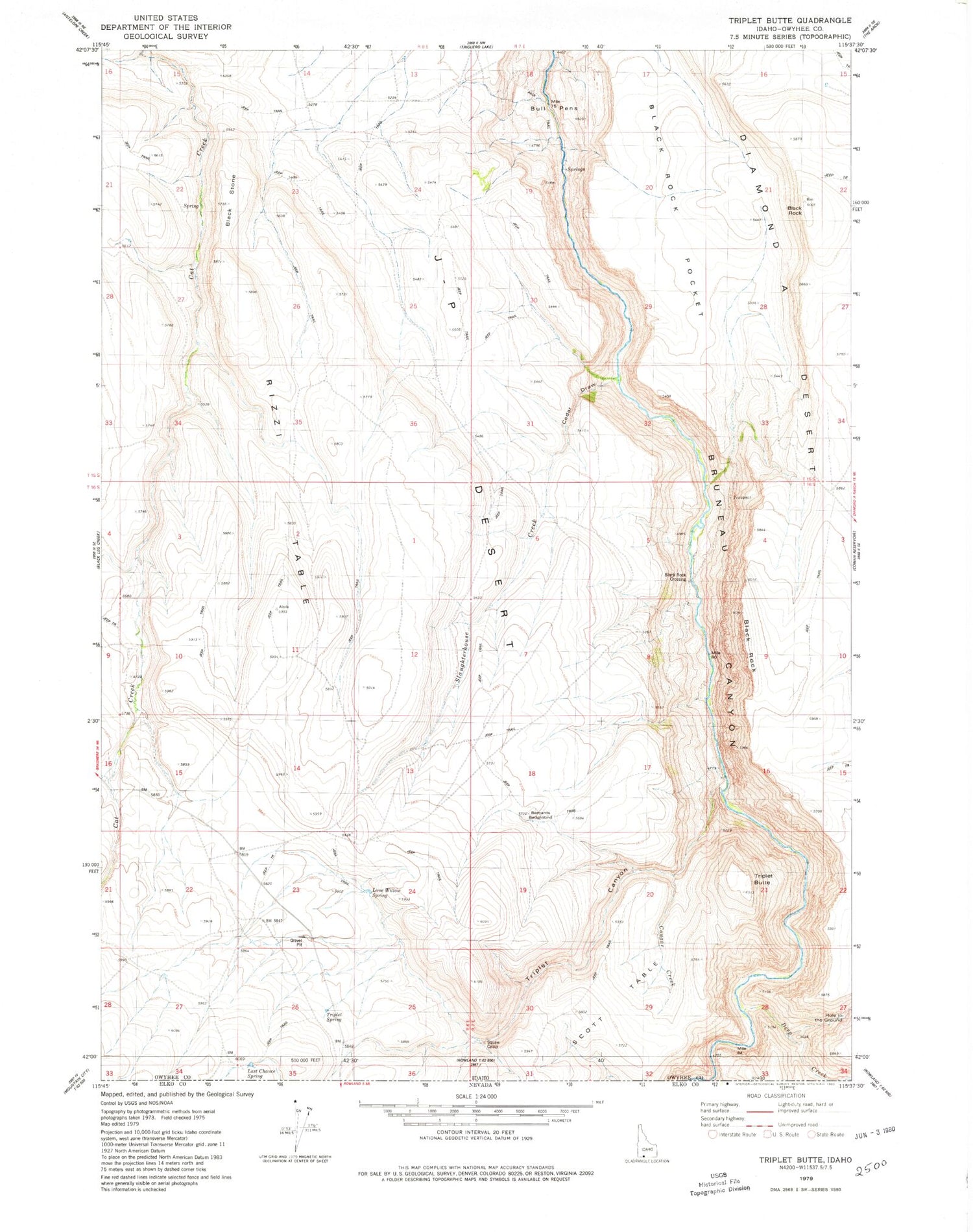 Classic USGS Triplet Butte Idaho 7.5'x7.5' Topo Map Image