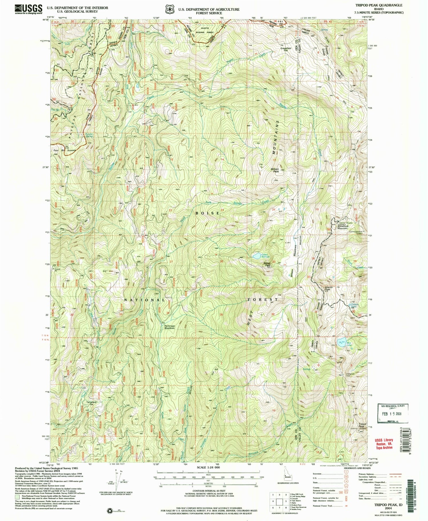 Classic USGS Tripod Peak Idaho 7.5'x7.5' Topo Map Image