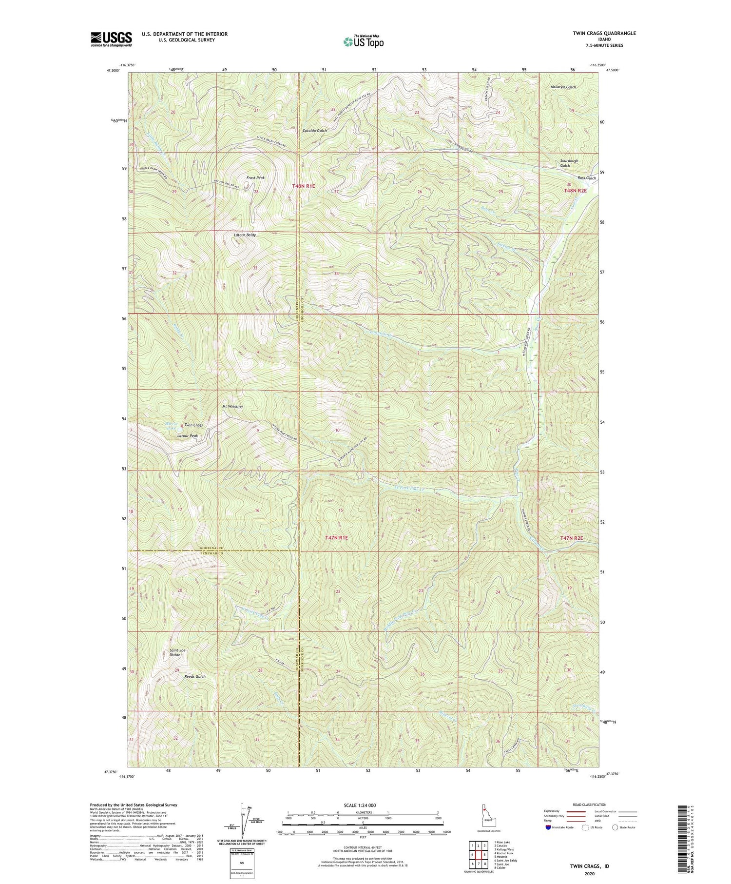 Twin Crags Idaho US Topo Map Image