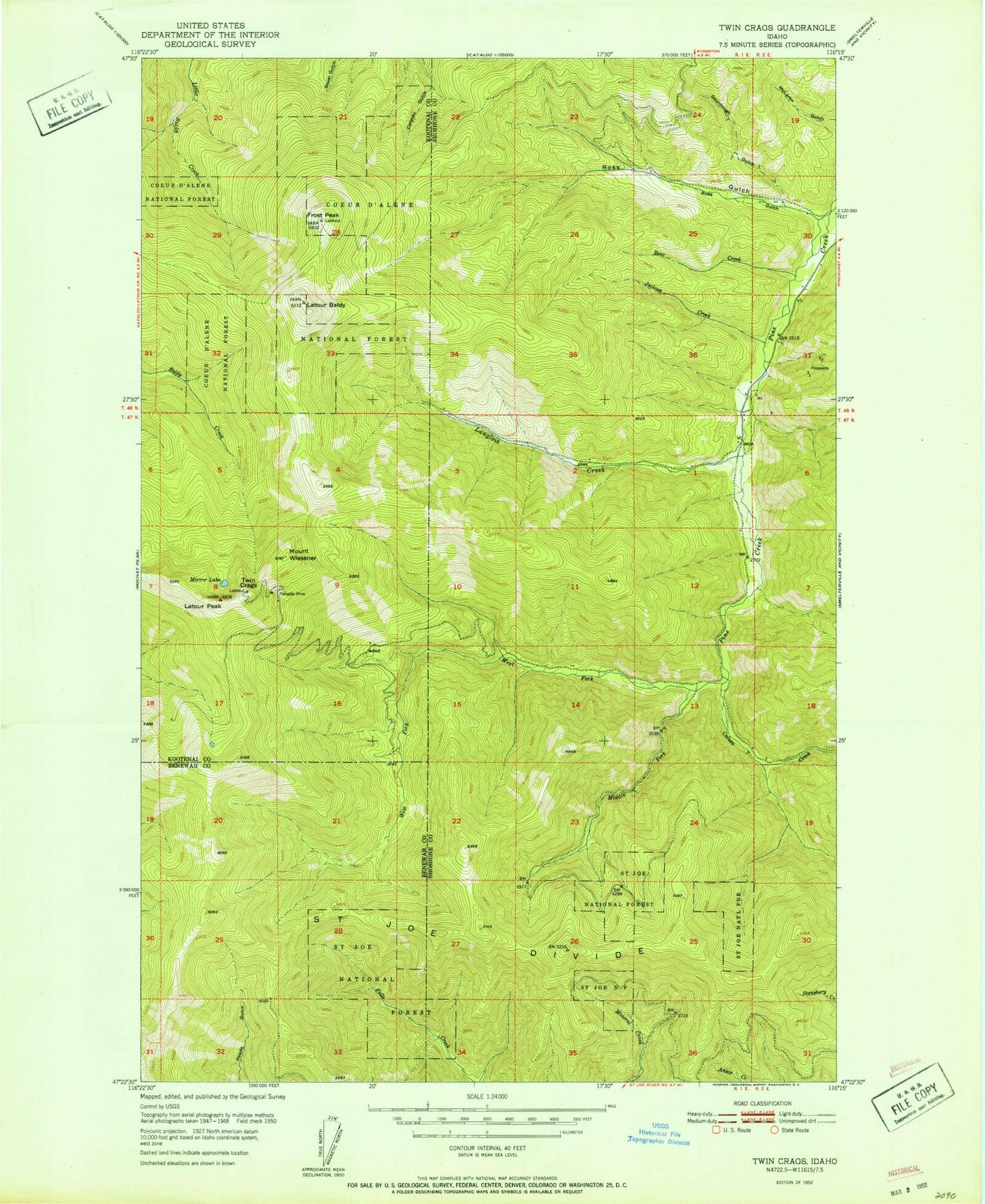 Classic USGS Twin Crags Idaho 7.5'x7.5' Topo Map Image