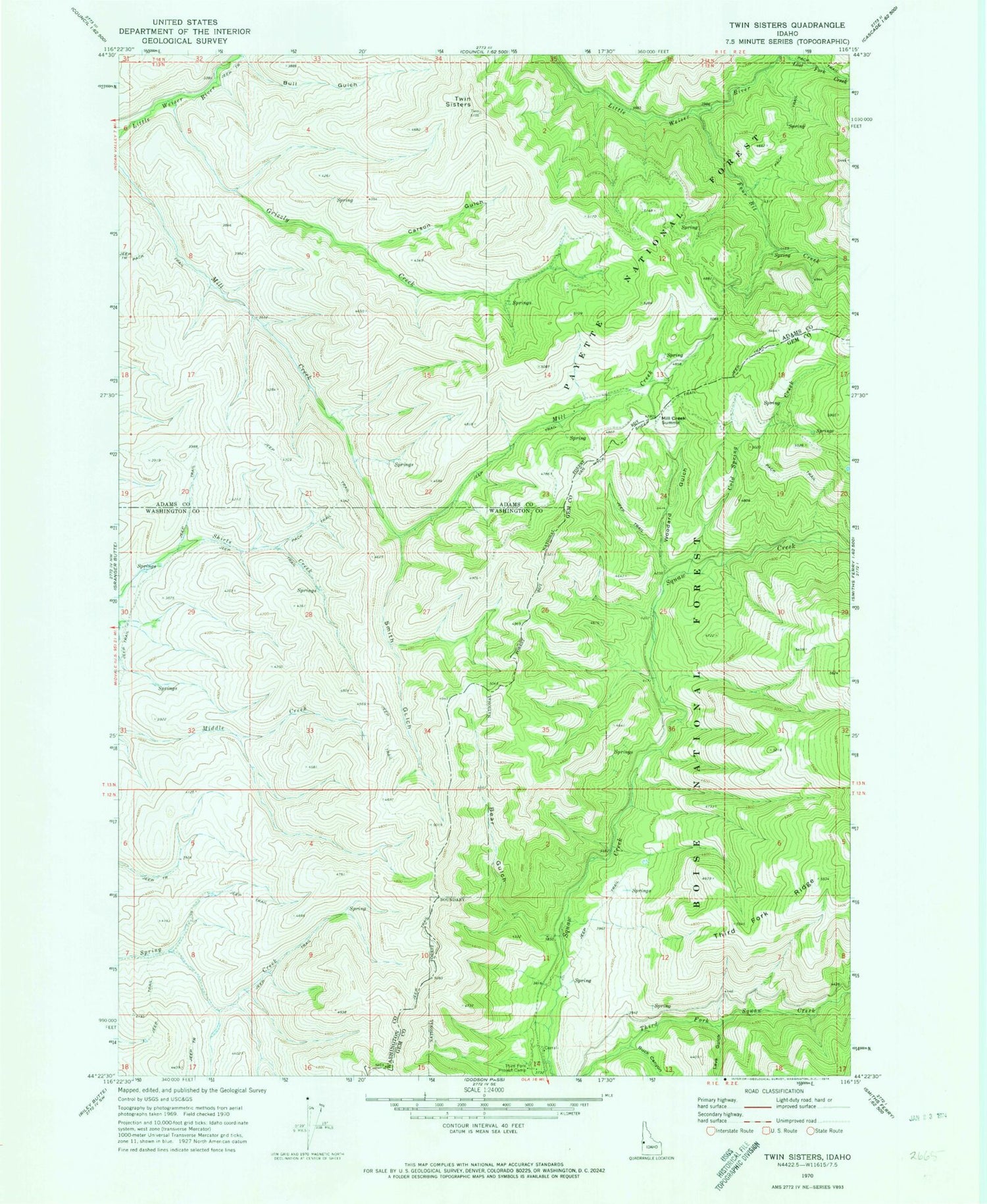 Classic USGS Twin Sisters Idaho 7.5'x7.5' Topo Map Image