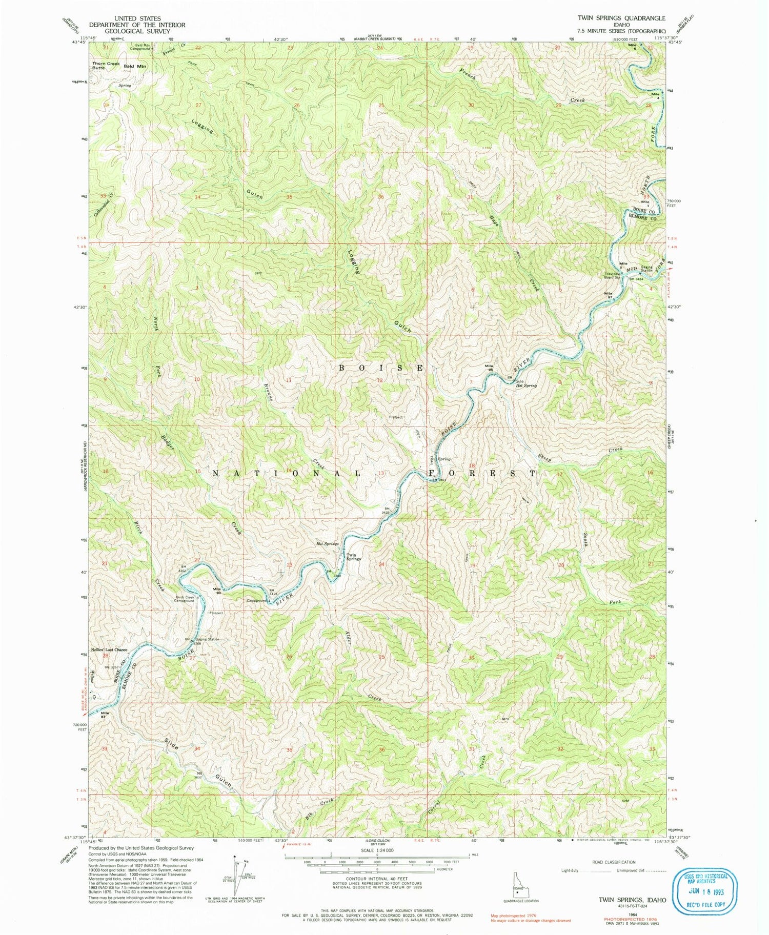 Classic USGS Twin Springs Idaho 7.5'x7.5' Topo Map Image