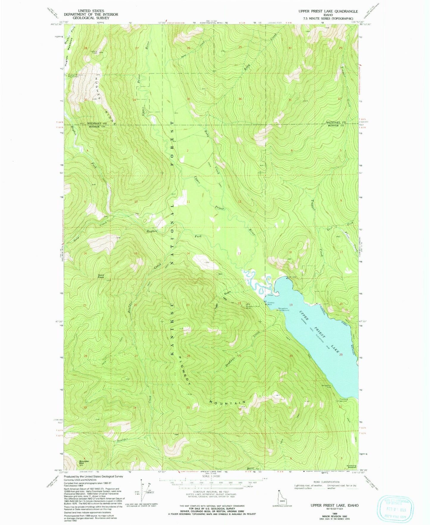 Classic USGS Upper Priest Lake Idaho 7.5'x7.5' Topo Map Image