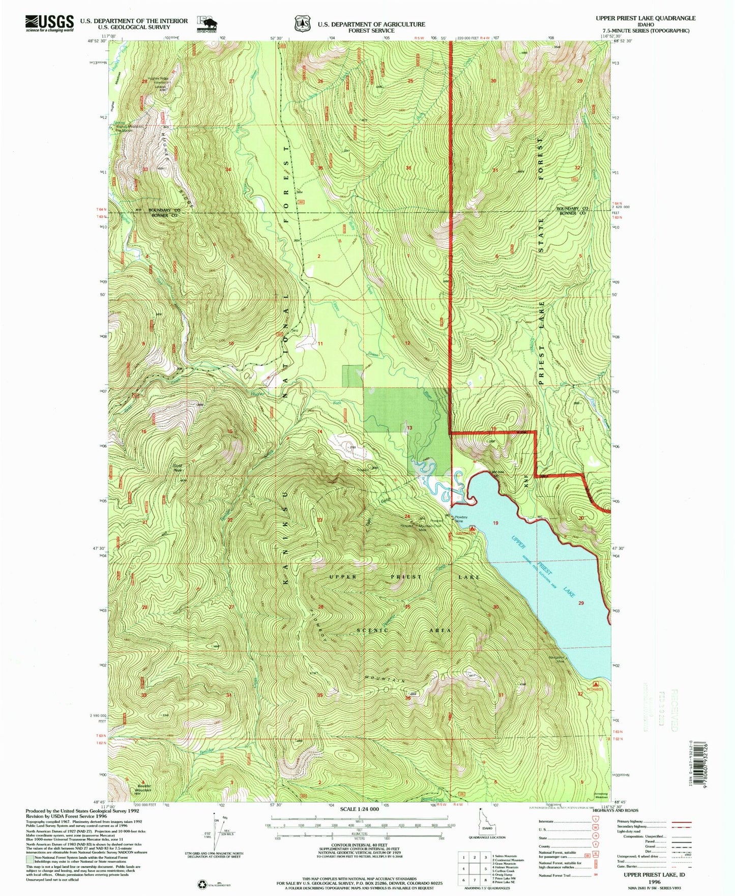 Classic USGS Upper Priest Lake Idaho 7.5'x7.5' Topo Map Image