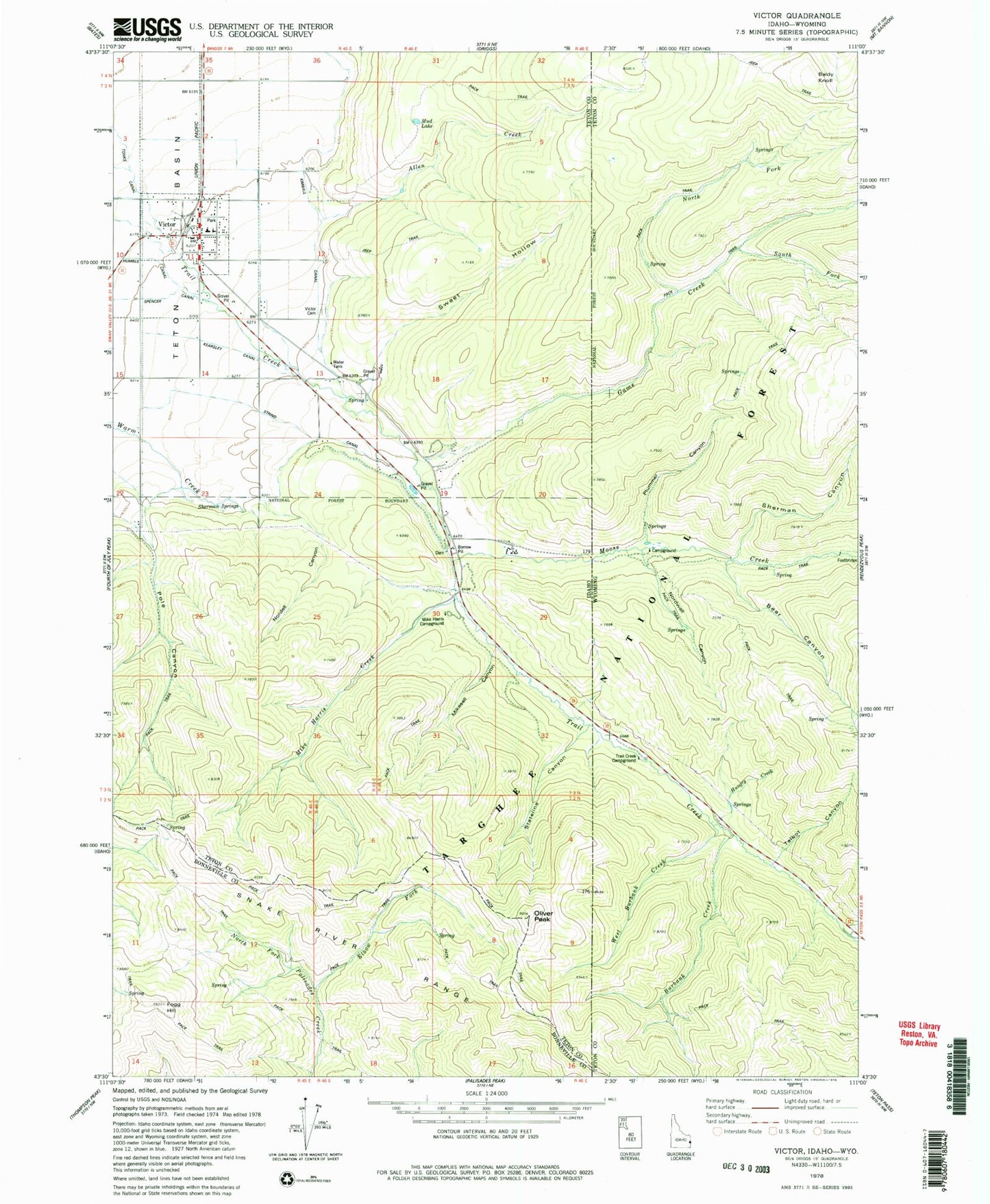 Classic USGS Victor Idaho 7.5'x7.5' Topo Map Image