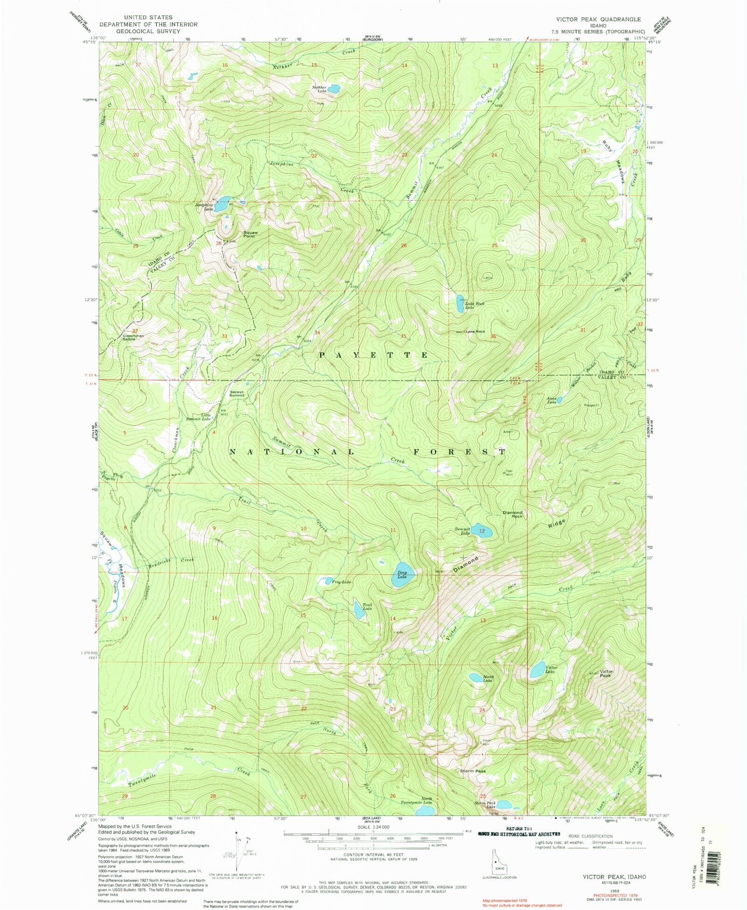 Classic USGS Victor Peak Idaho 7.5'x7.5' Topo Map Image