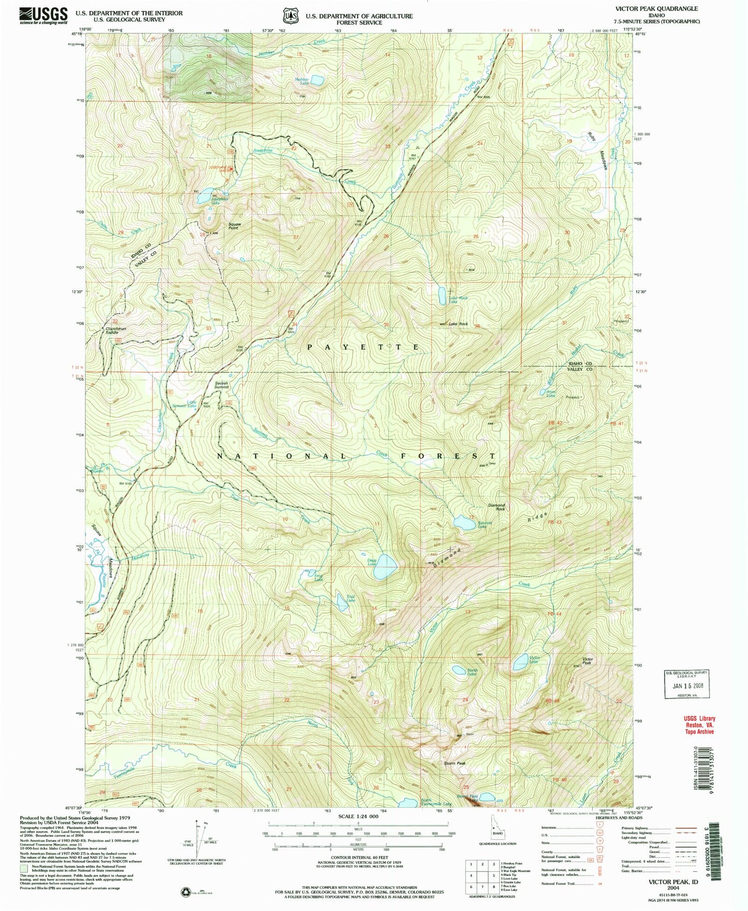Classic USGS Victor Peak Idaho 7.5'x7.5' Topo Map Image