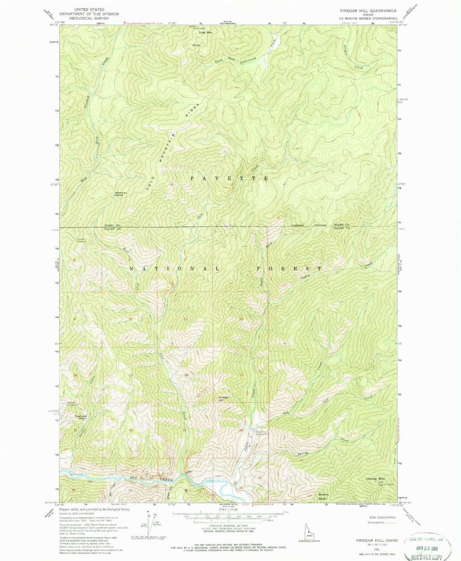 Classic USGS Vinegar Hill Idaho 7.5'x7.5' Topo Map Image