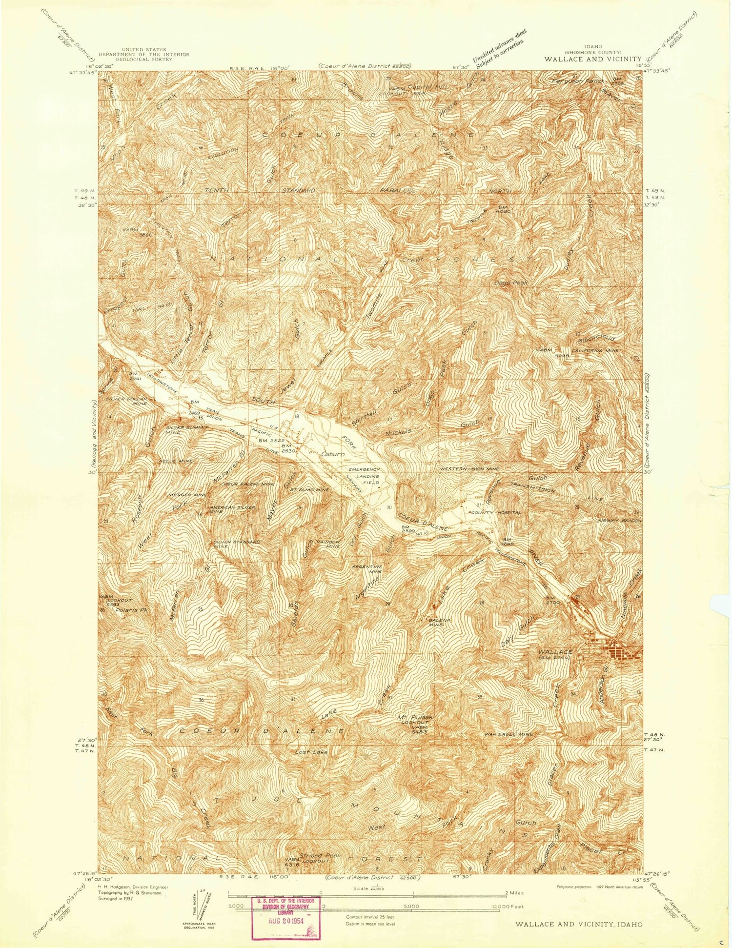 Classic USGS Wallace and Vicinity Idaho 7.5'x7.5' Topo Map Image