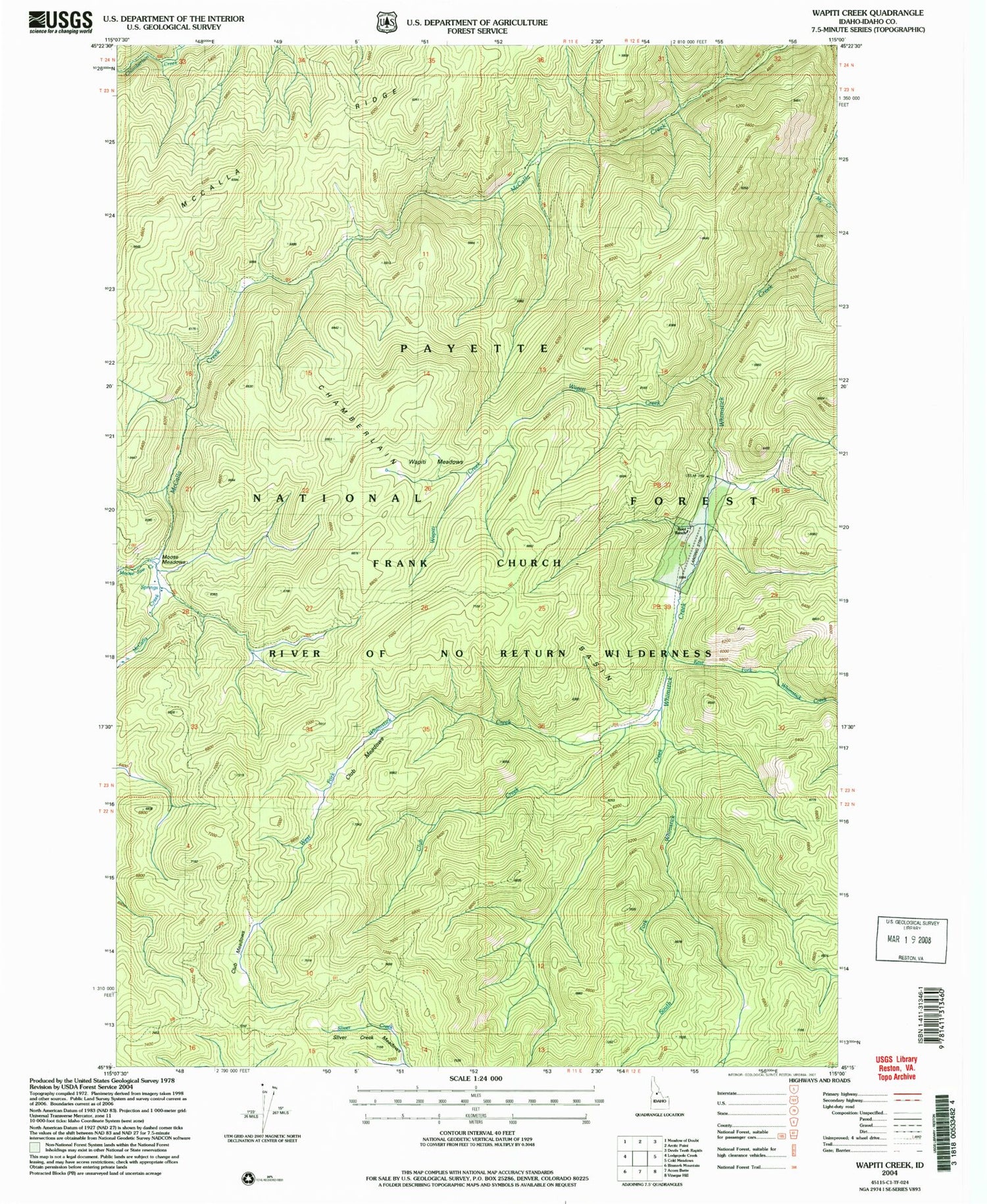 Classic USGS Wapiti Creek Idaho 7.5'x7.5' Topo Map Image