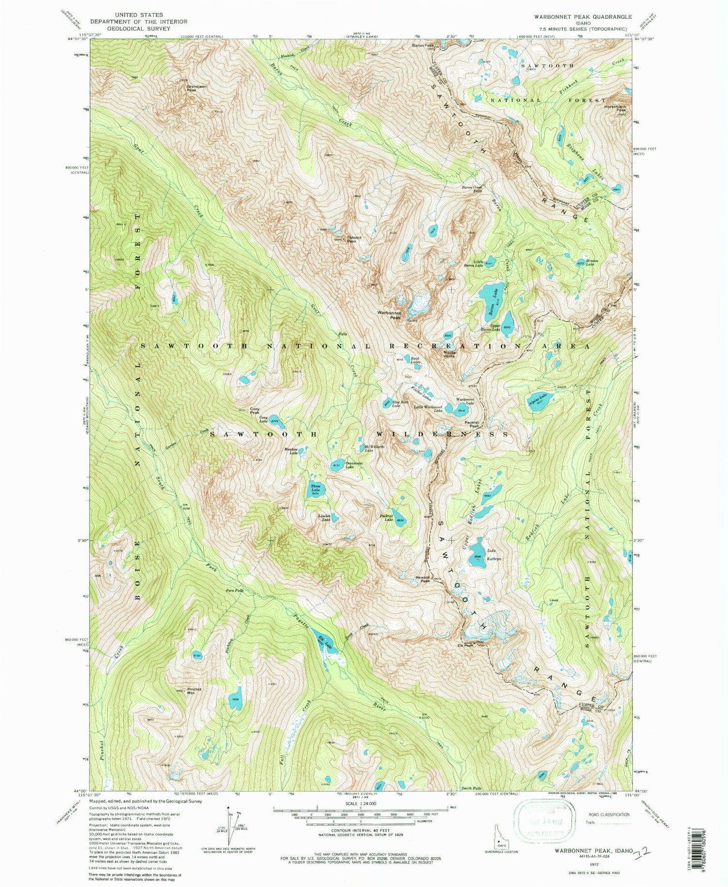 USGS Classic Warbonnet Peak Idaho 7.5'x7.5' Topo Map Image