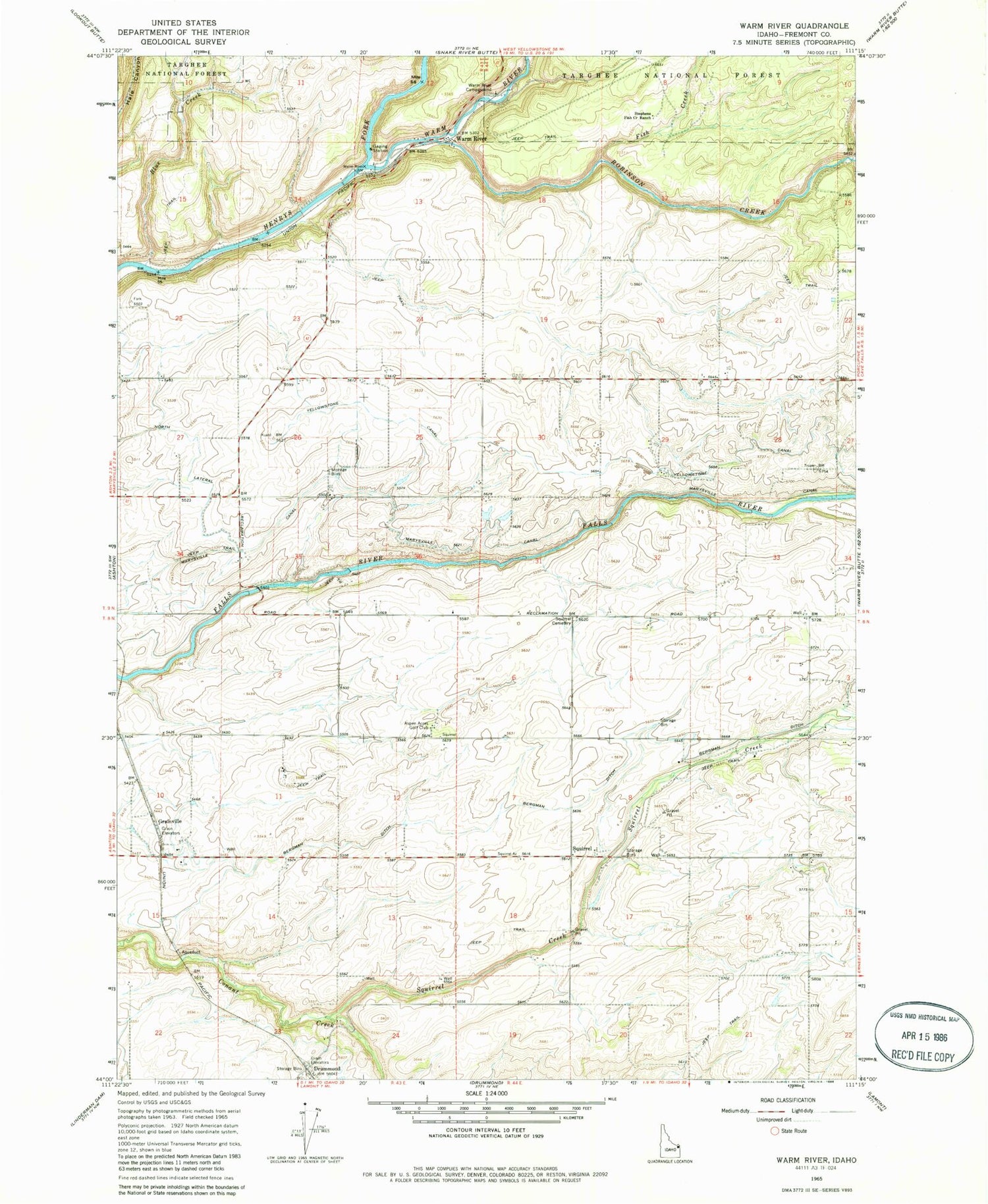 Classic USGS Warm River Idaho 7.5'x7.5' Topo Map Image