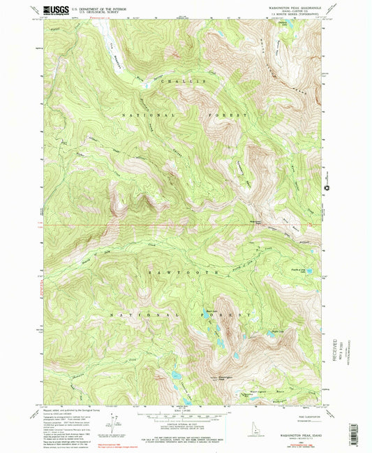 Classic USGS Washington Peak Idaho 7.5'x7.5' Topo Map Image