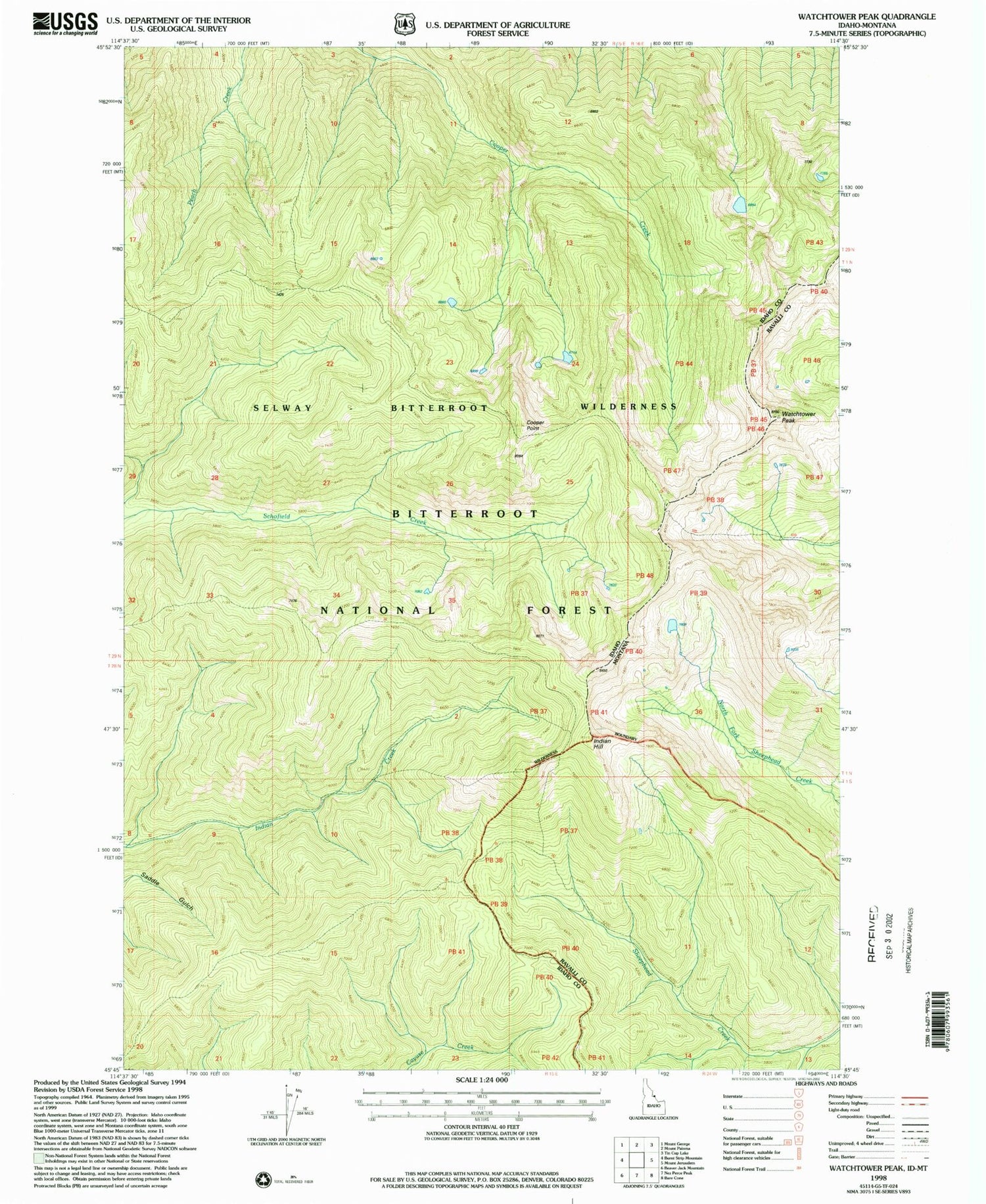 Classic USGS Watchtower Peak Idaho 7.5'x7.5' Topo Map Image