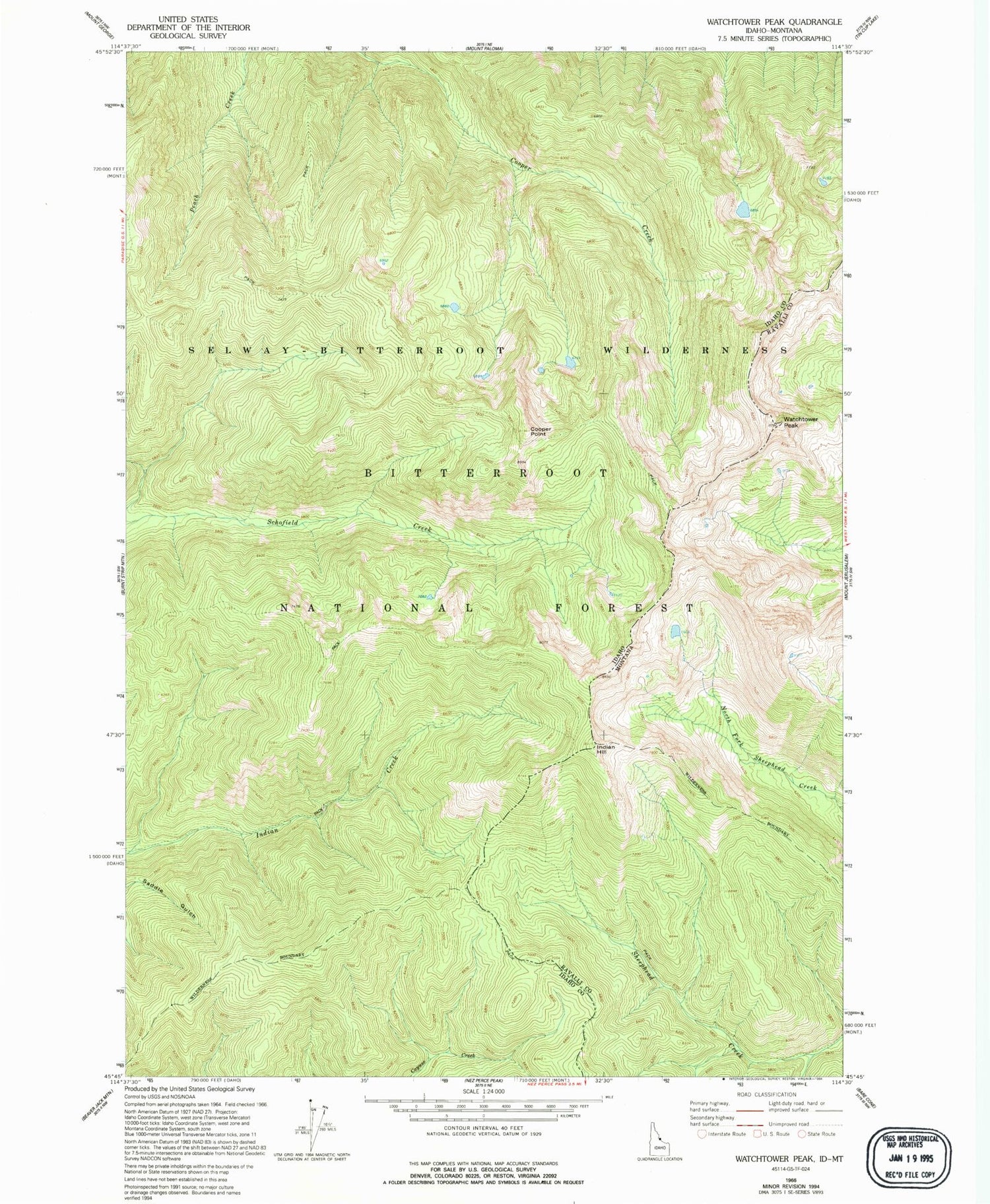 Classic USGS Watchtower Peak Idaho 7.5'x7.5' Topo Map Image