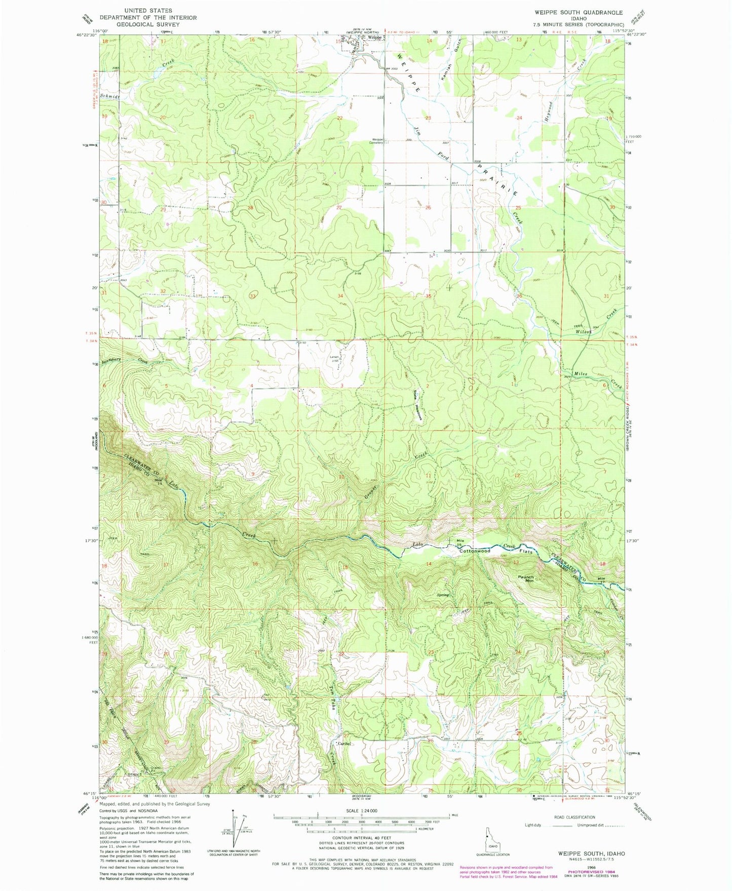 Classic USGS Weippe South Idaho 7.5'x7.5' Topo Map Image