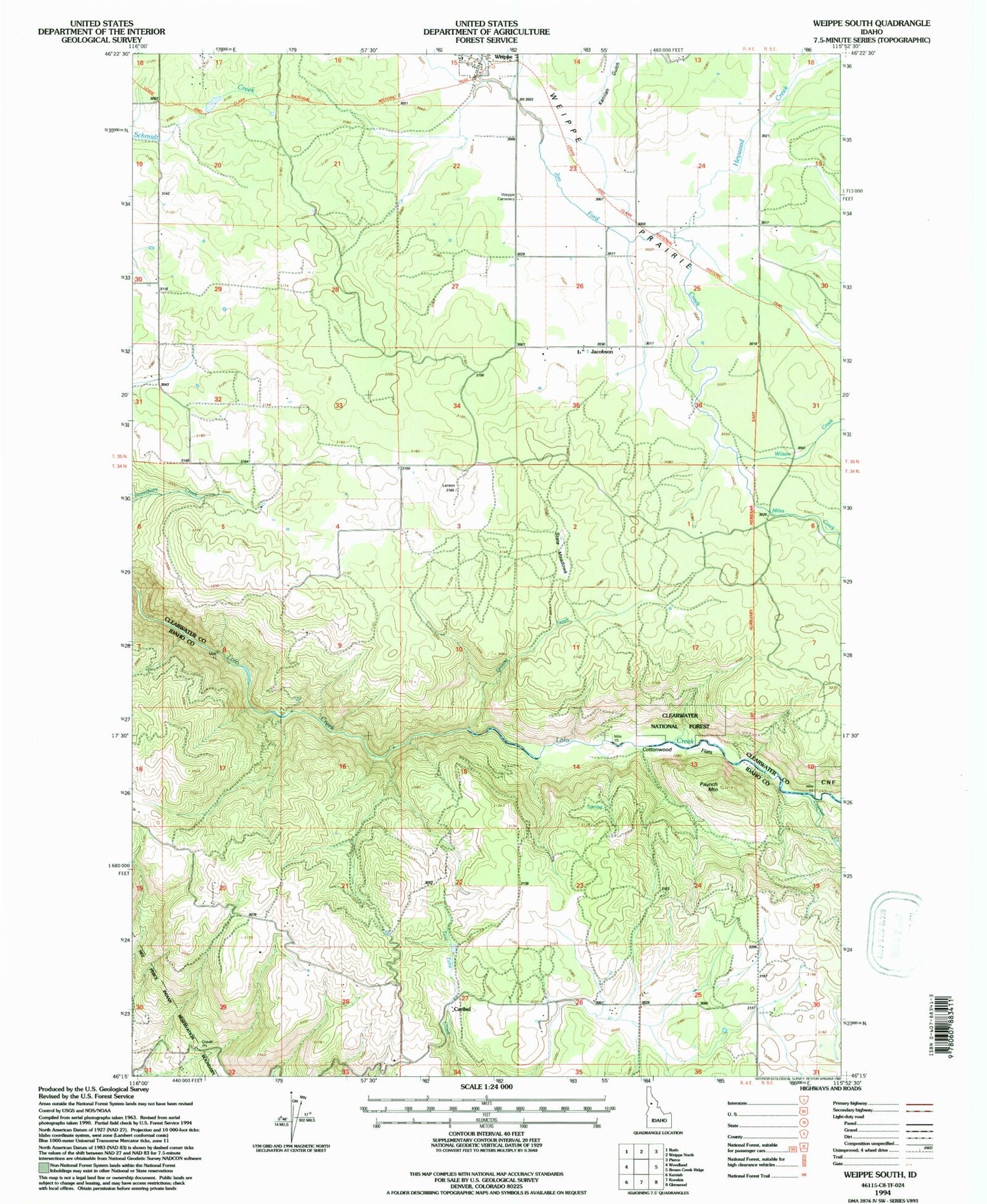 Classic USGS Weippe South Idaho 7.5'x7.5' Topo Map Image