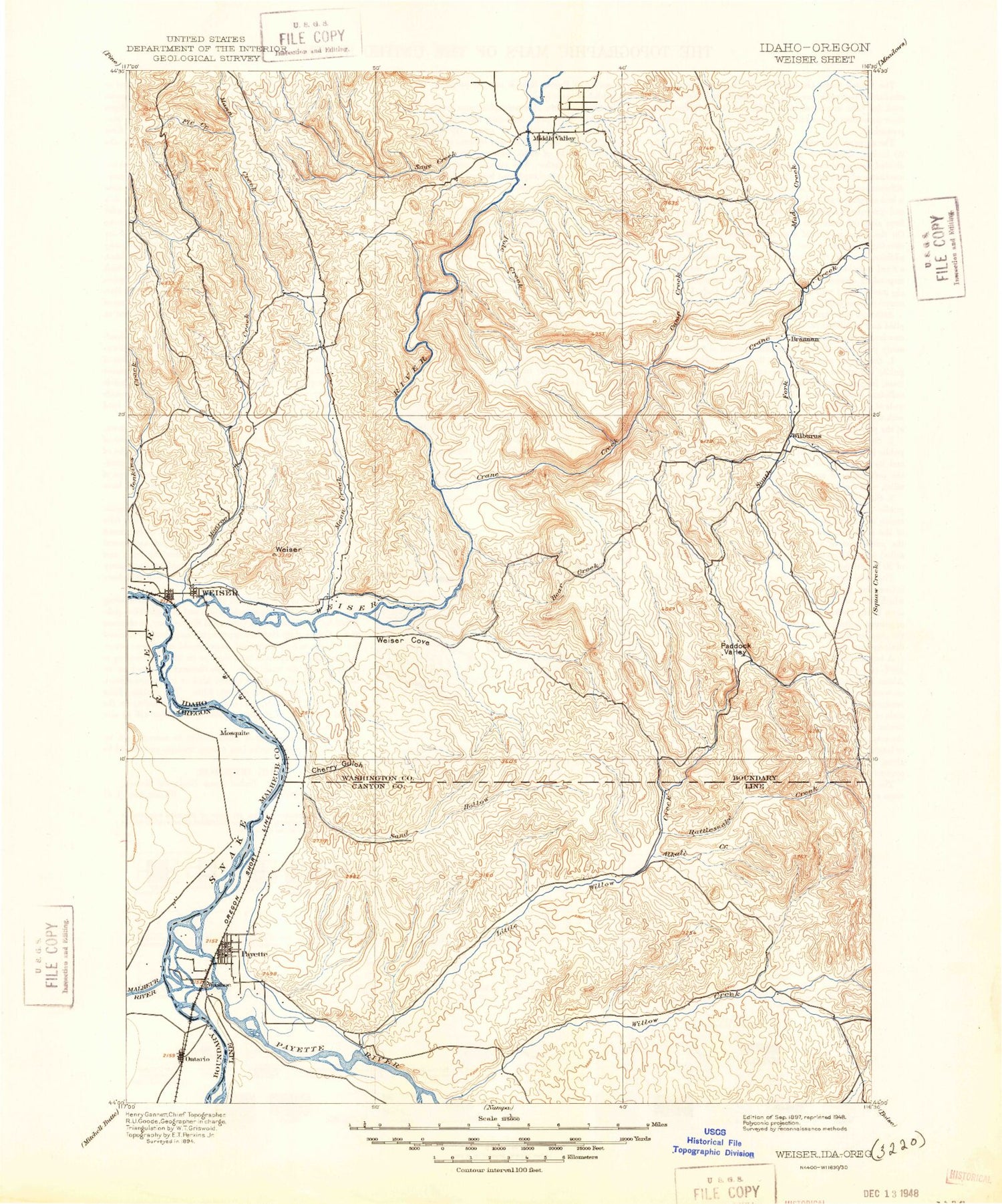 Historic 1897 Weiser Idaho 30'x30' Topo Map Image