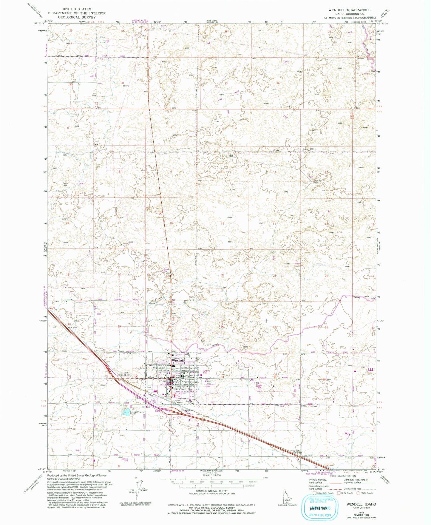 Classic USGS Wendell Idaho 7.5'x7.5' Topo Map Image