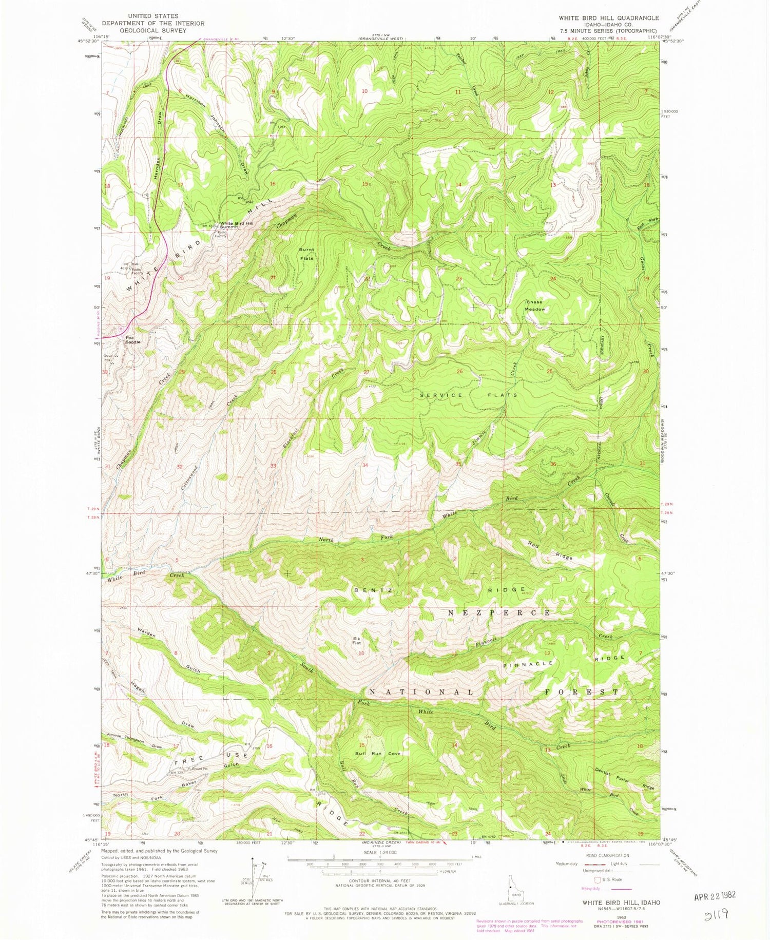 Classic USGS White Bird Hill Idaho 7.5'x7.5' Topo Map Image