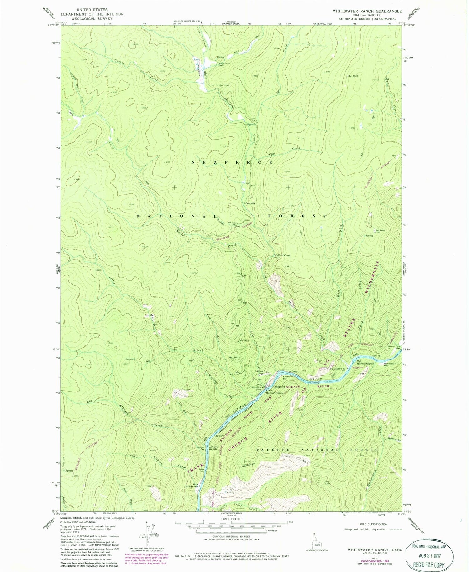 Classic USGS Whitewater Ranch Idaho 7.5'x7.5' Topo Map Image