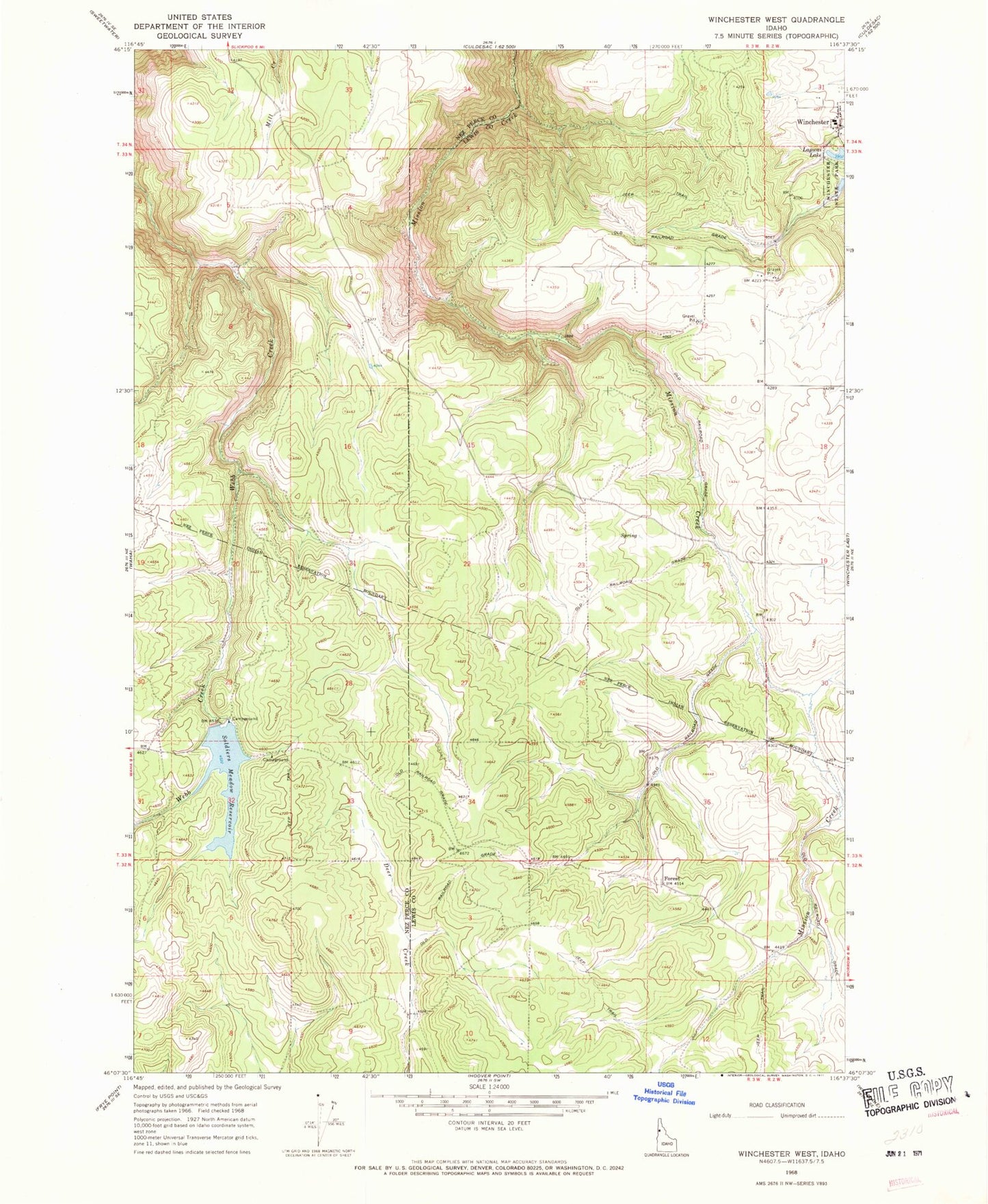 Classic USGS Winchester West Idaho 7.5'x7.5' Topo Map Image