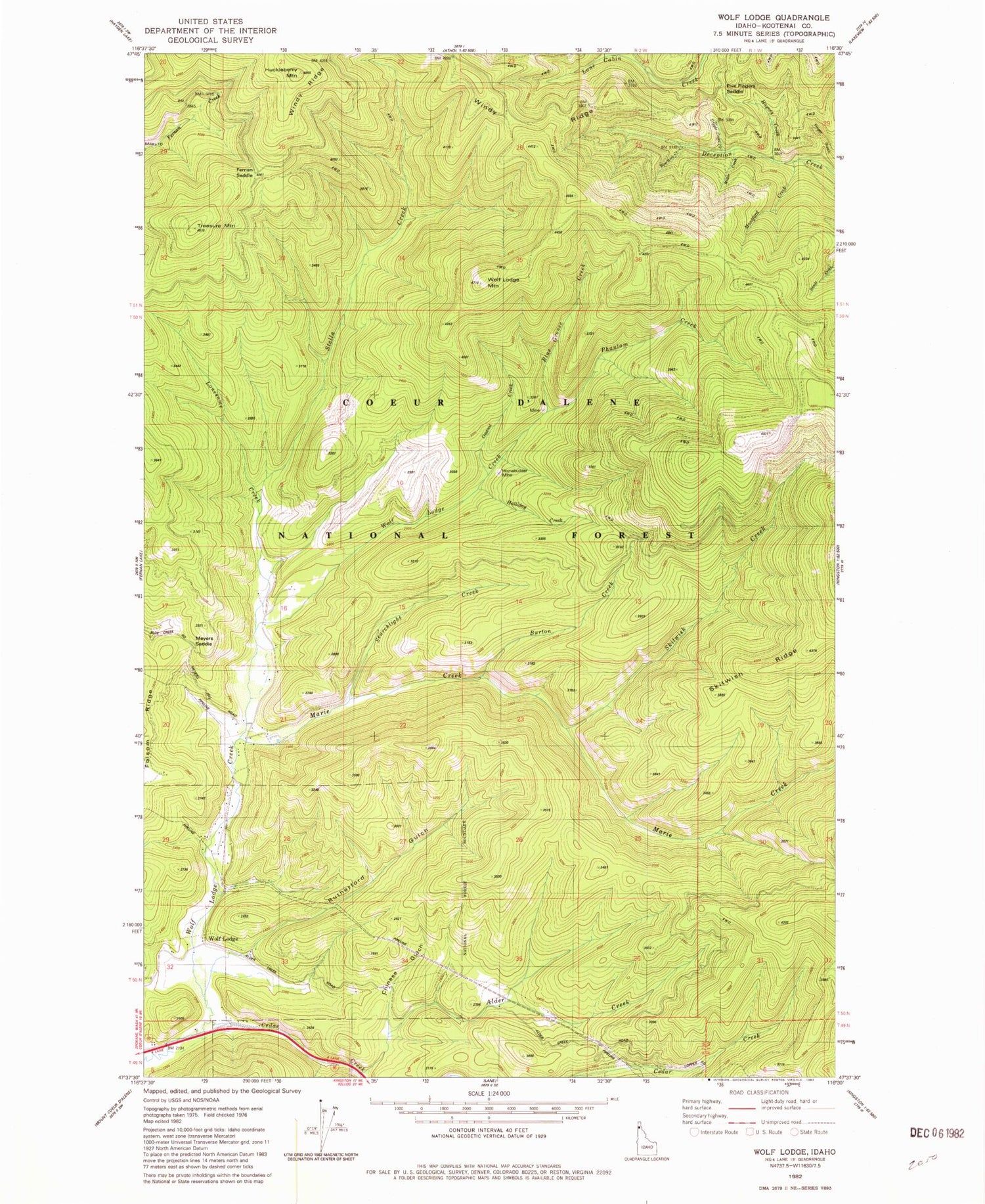 Classic USGS Wolf Lodge Idaho 7.5'x7.5' Topo Map Image