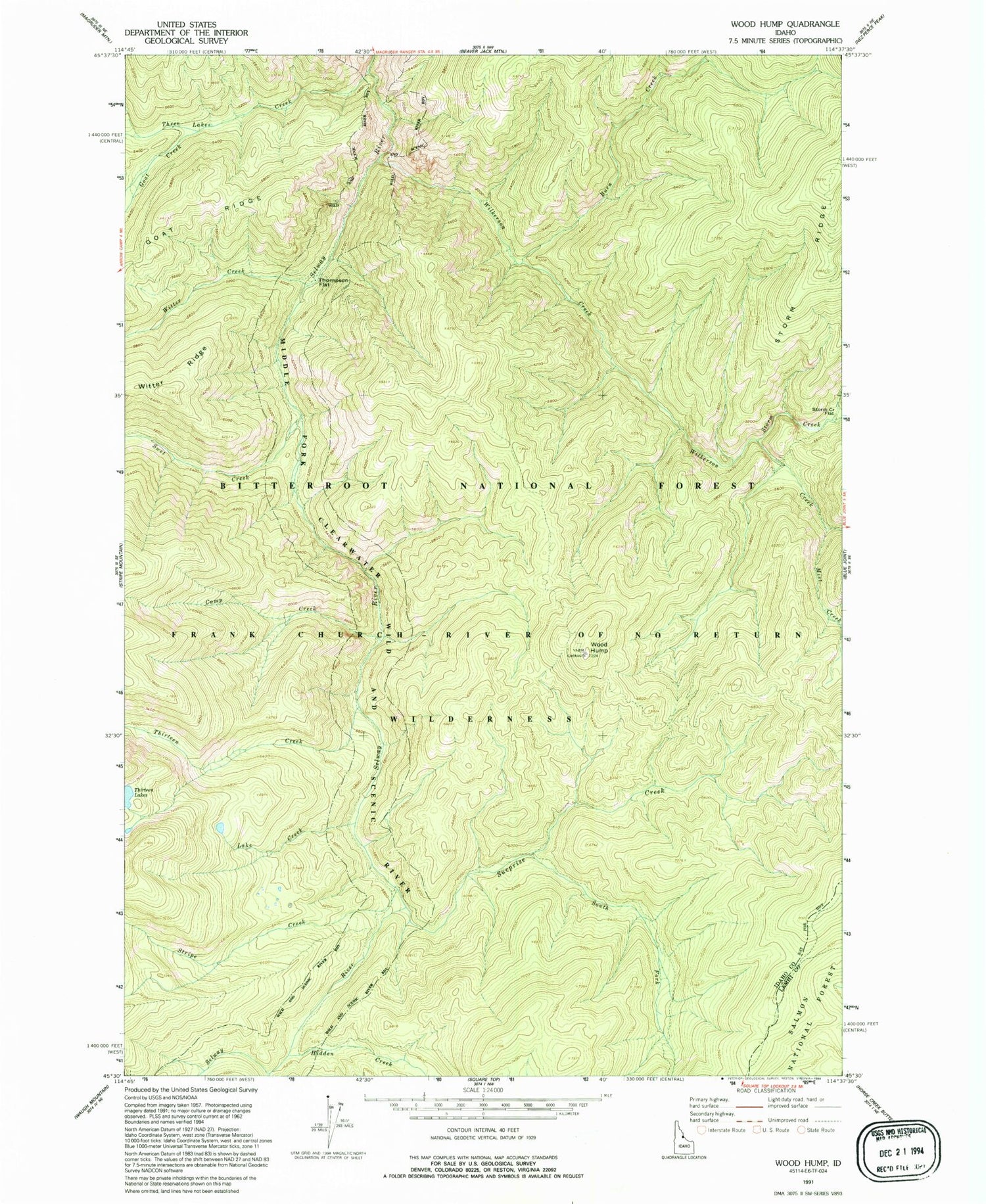 Classic USGS Wood Hump Idaho 7.5'x7.5' Topo Map Image