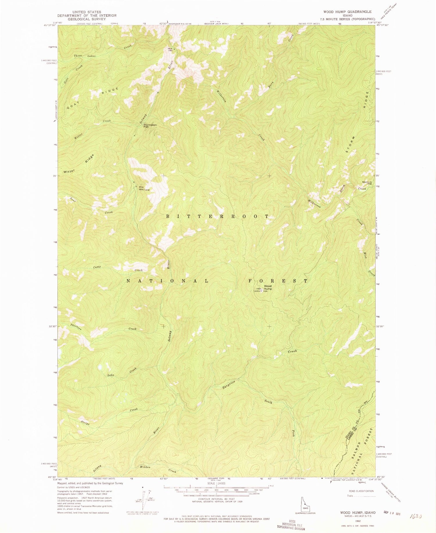 Classic USGS Wood Hump Idaho 7.5'x7.5' Topo Map Image