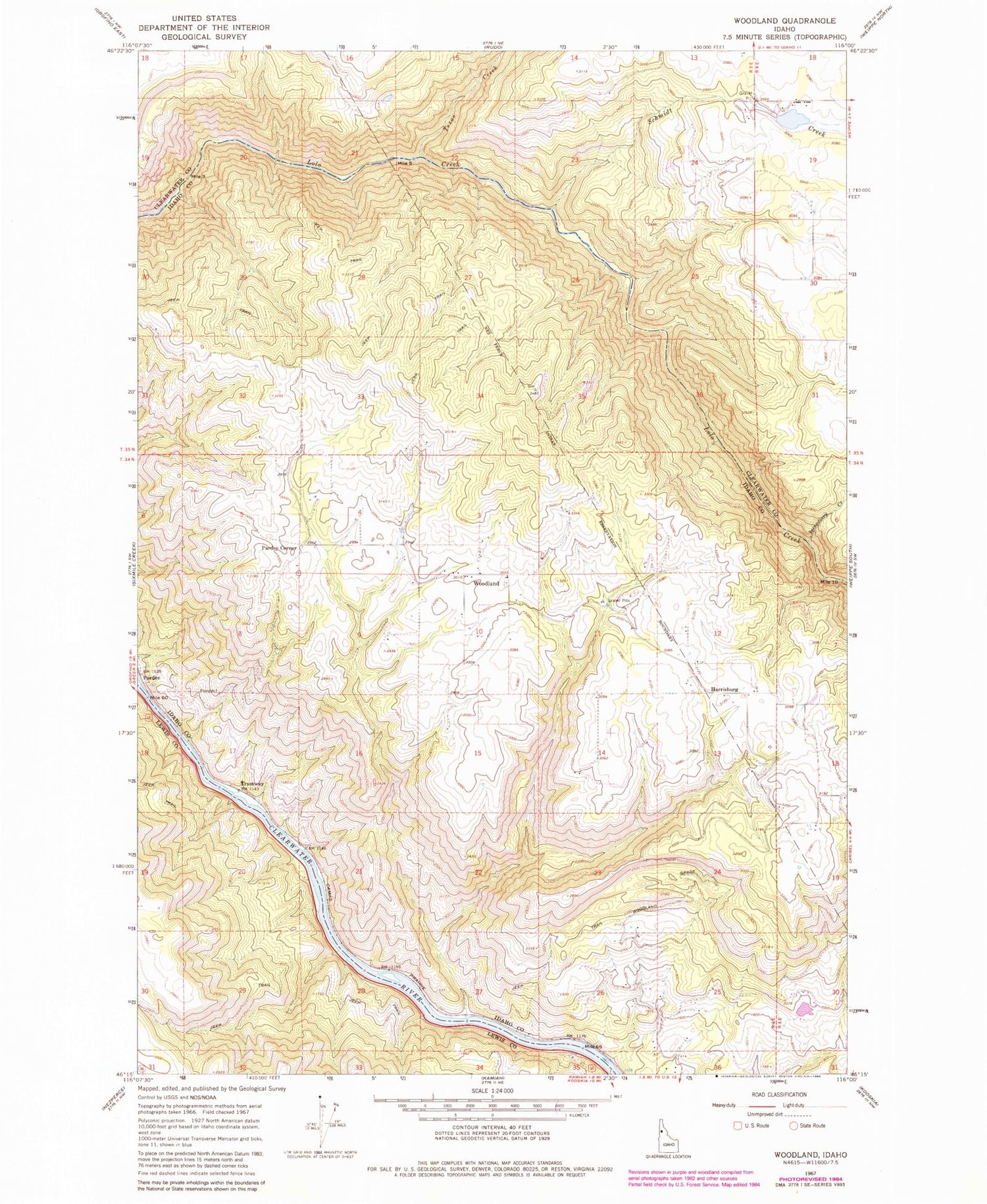 Classic USGS Woodland Idaho 7.5'x7.5' Topo Map Image