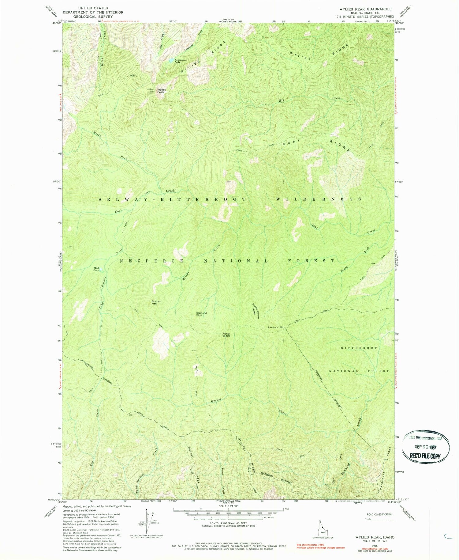 Classic USGS Wylies Peak Idaho 7.5'x7.5' Topo Map Image