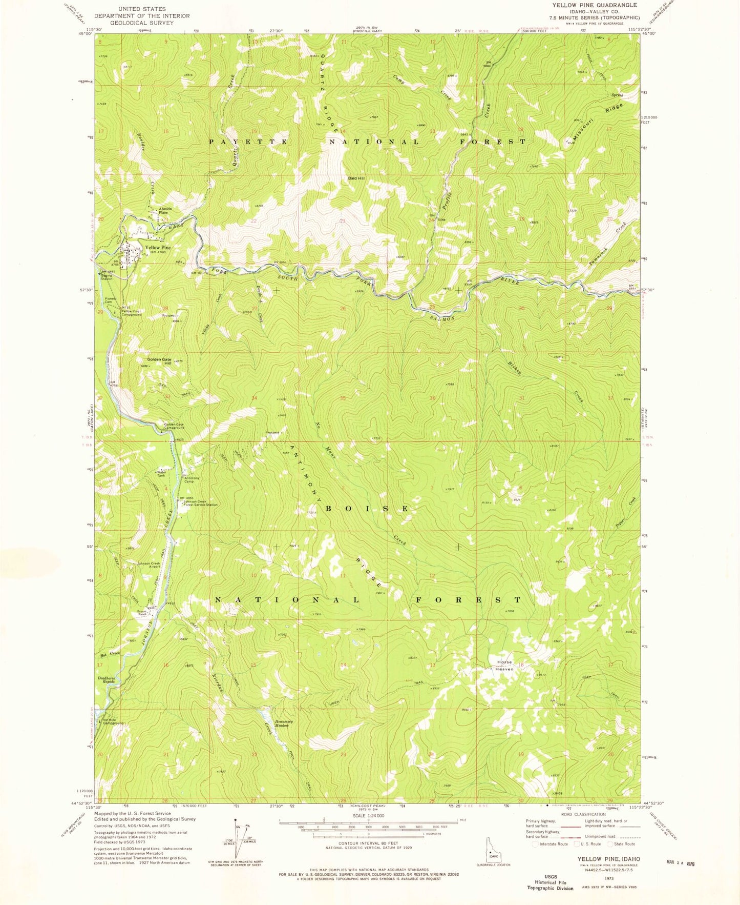 Classic USGS Yellow Pine Idaho 7.5'x7.5' Topo Map Image