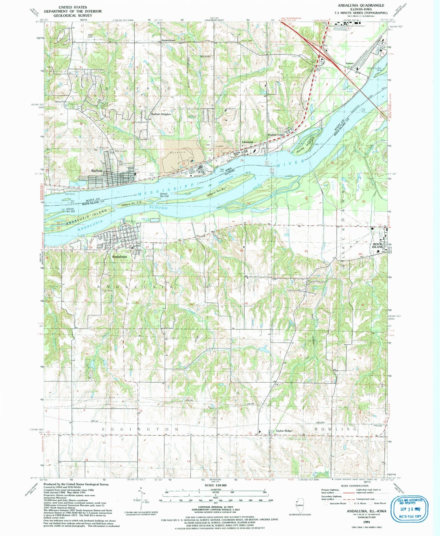 Classic USGS Andalusia Illinois 7.5'x7.5' Topo Map Image