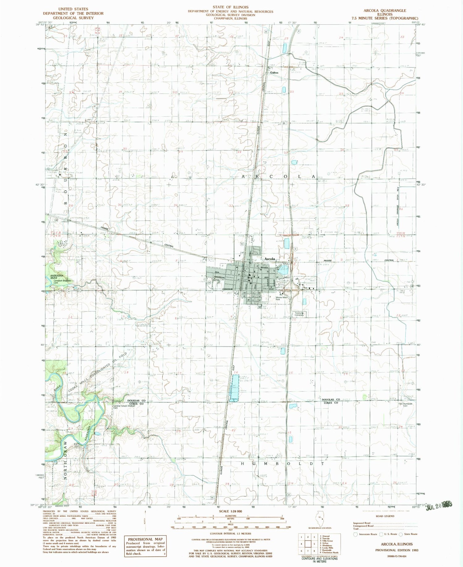 Classic USGS Arcola Illinois 7.5'x7.5' Topo Map Image
