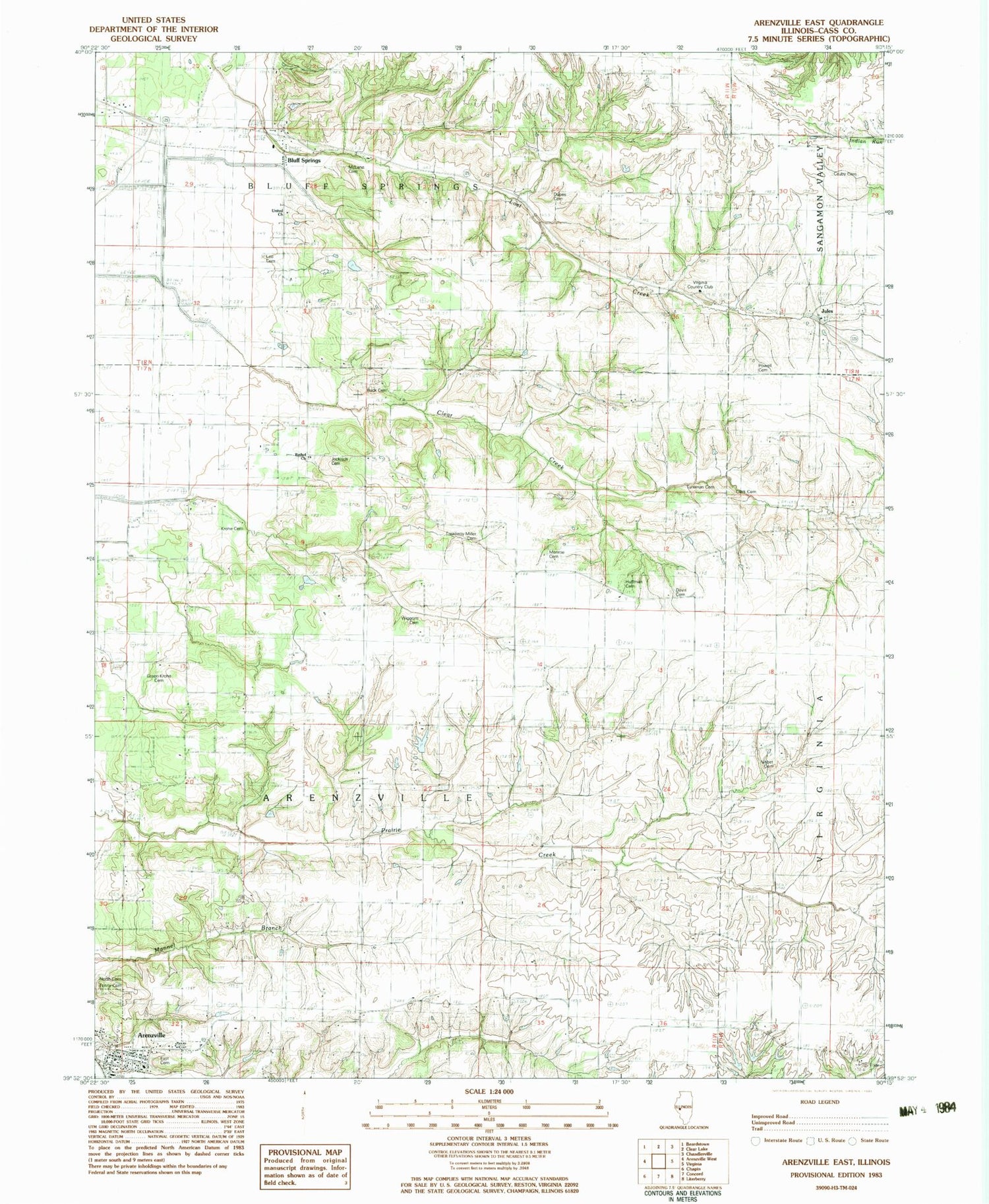 Classic USGS Arenzville East Illinois 7.5'x7.5' Topo Map Image